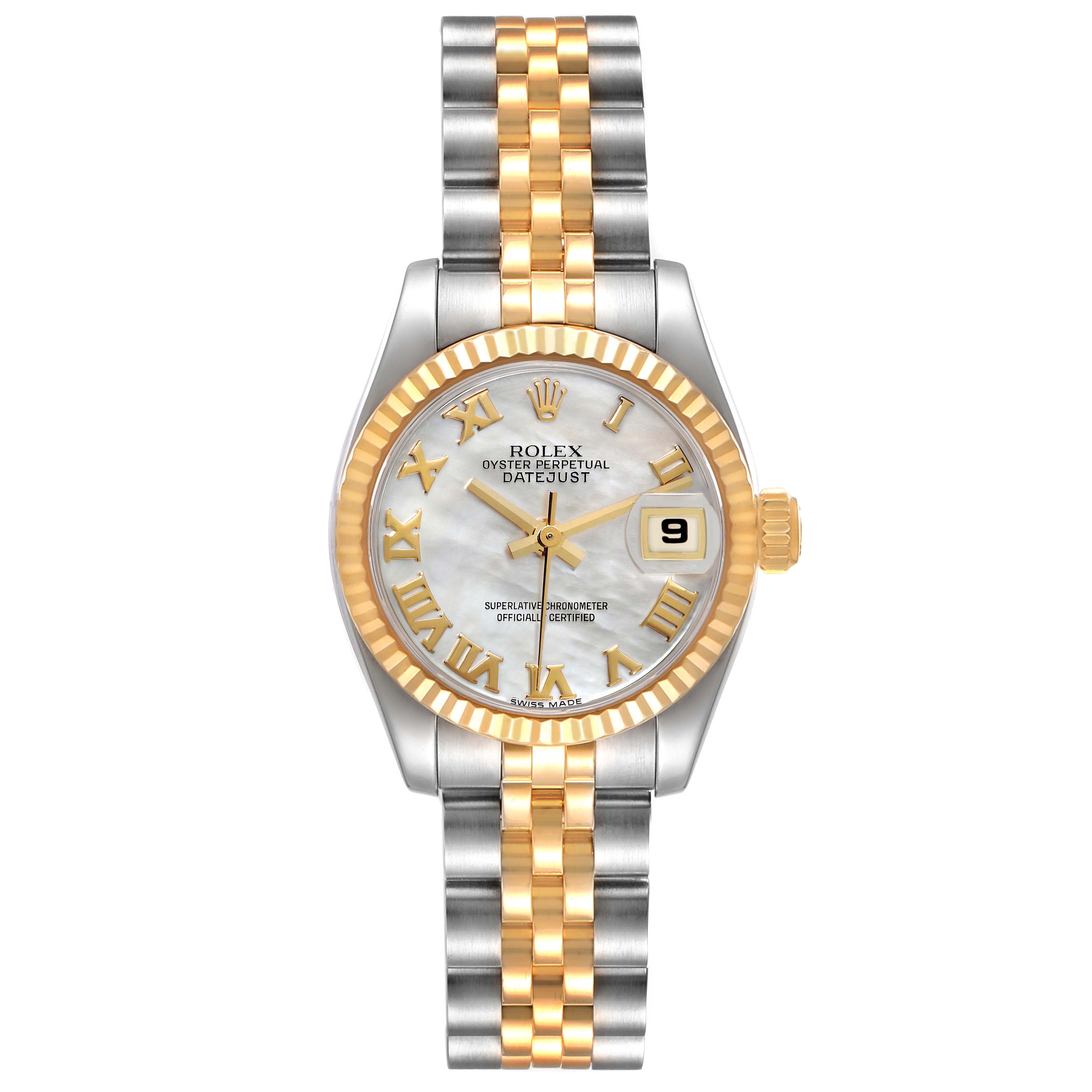 The image shows a front view of a Rolex Datejust 179173 Women's Steel and Gold (two tone) Mother of Pearl Dial 179173 Women's Steel and Gold (two tone) Mother of Pearl Dial watch, highlighting its dial, hands, date window, bezel, and two-tone bracelet.