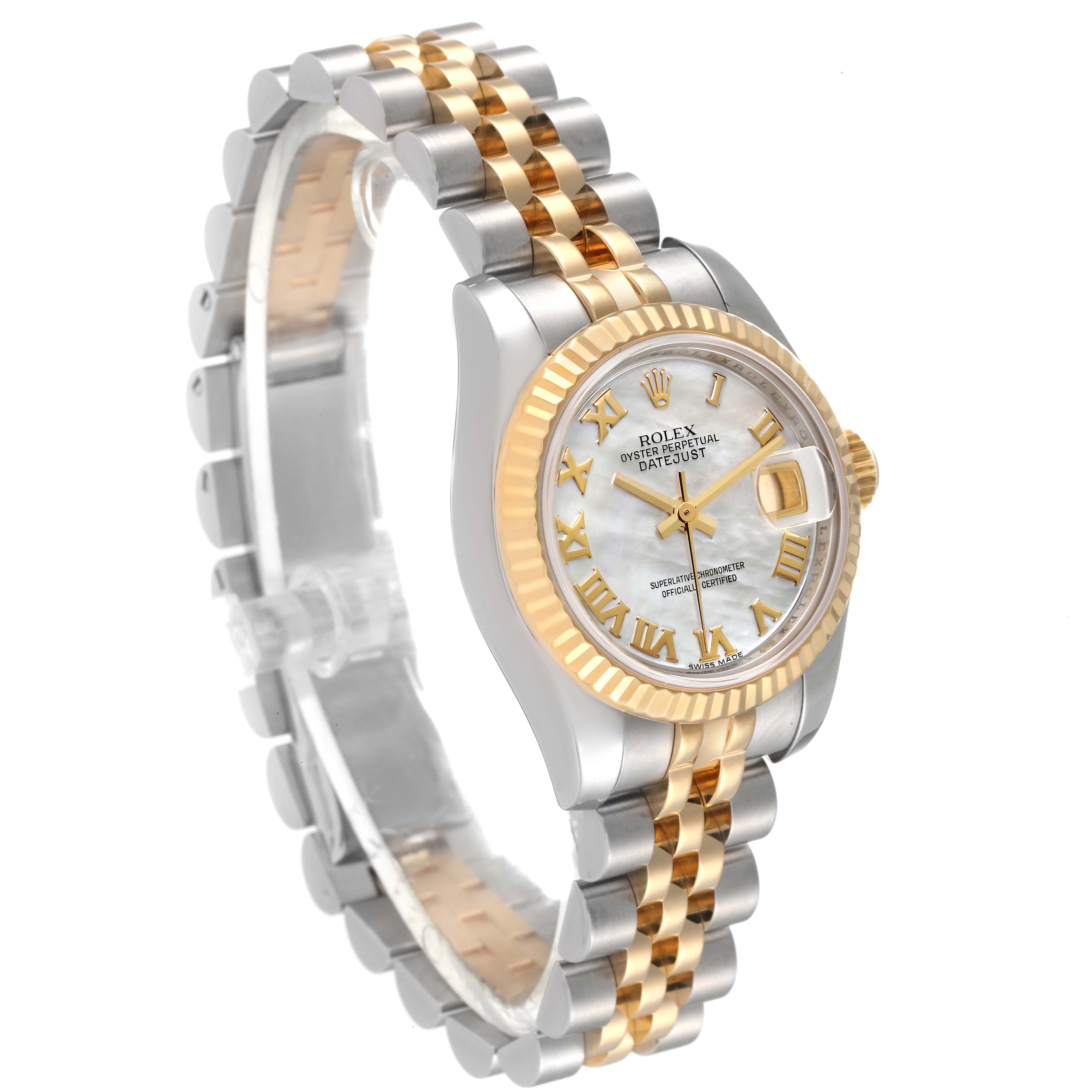 The Rolex Datejust 179173 Women's Steel and Gold (two tone) Mother of Pearl Dial 179173 Women's Steel and Gold (two tone) Mother of Pearl Dial watch is shown at a three-quarter angle, displaying the dial, bezel, and Jubilee bracelet.