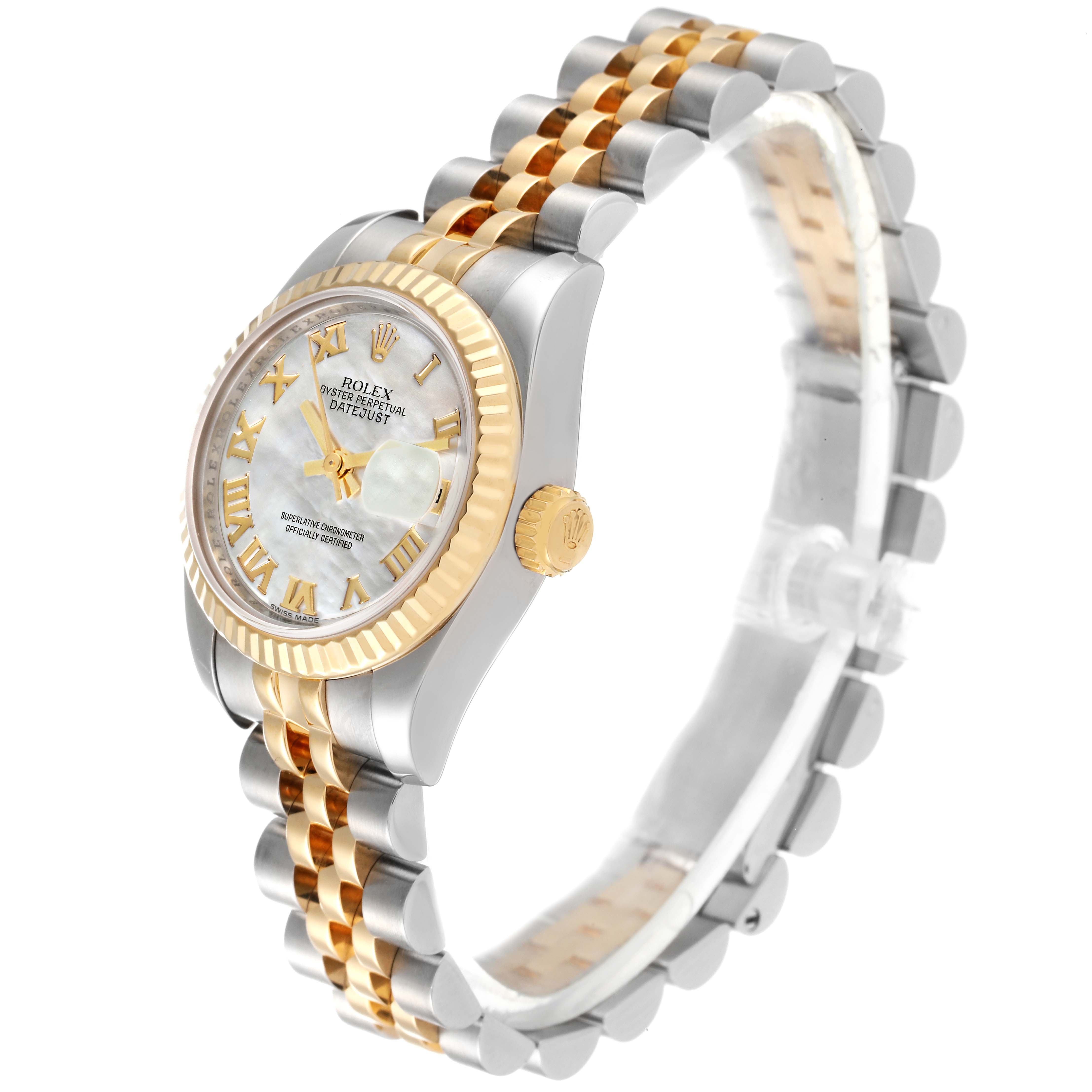 The image shows a side angle of a Rolex Datejust 179173 Women's Steel and Gold (two tone) Mother of Pearl Dial 179173 Women's Steel and Gold (two tone) Mother of Pearl Dial watch, highlighting its face, crown, and two-tone bracelet.