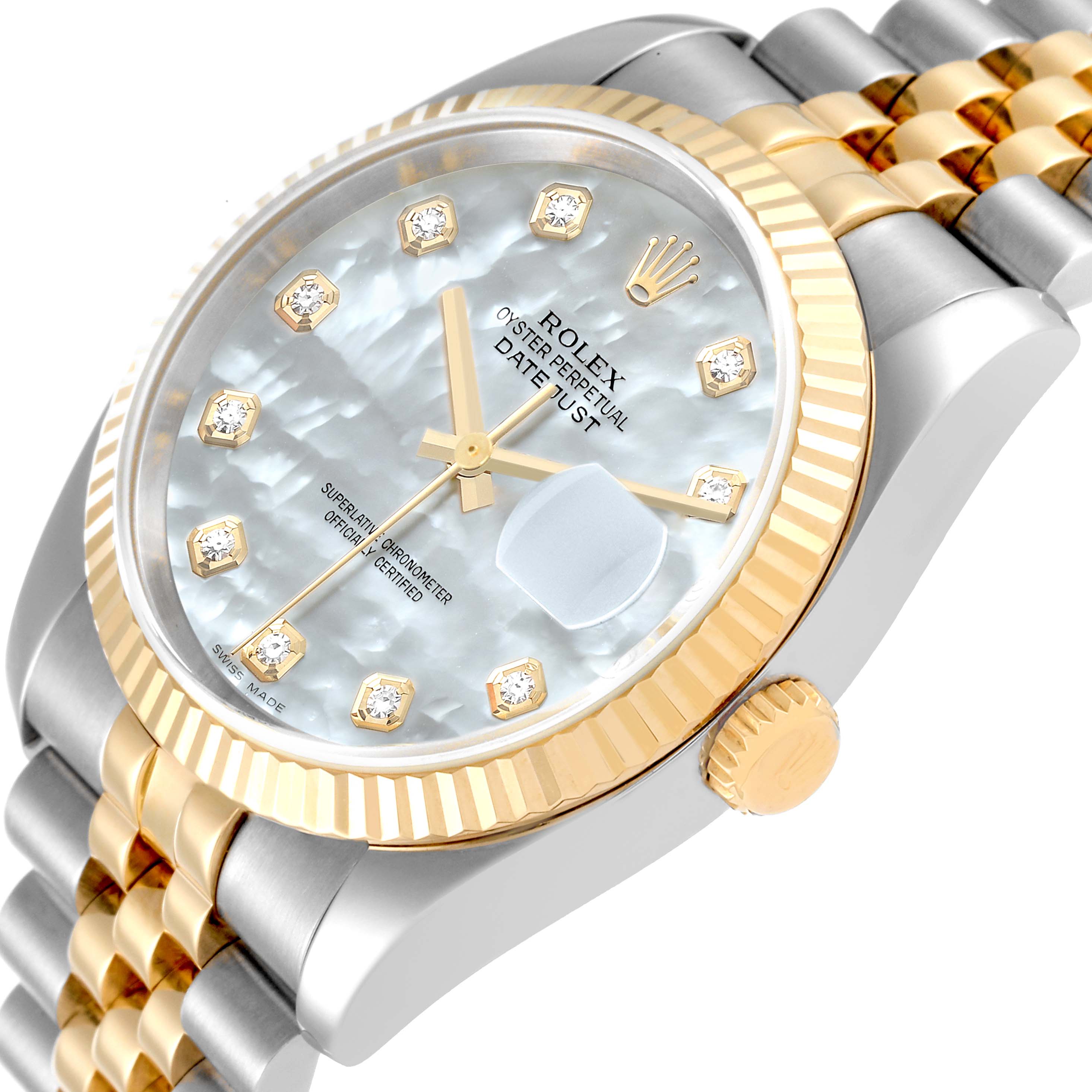 The image shows a Rolex Datejust 116233 Men's Steel and Gold (two tone) Mother of Pearl Dial 116233 Men's Steel and Gold (two tone) Mother of Pearl Dial model watch at an angled close-up, highlighting the dial, bezel, crown, and part of the bracelet.