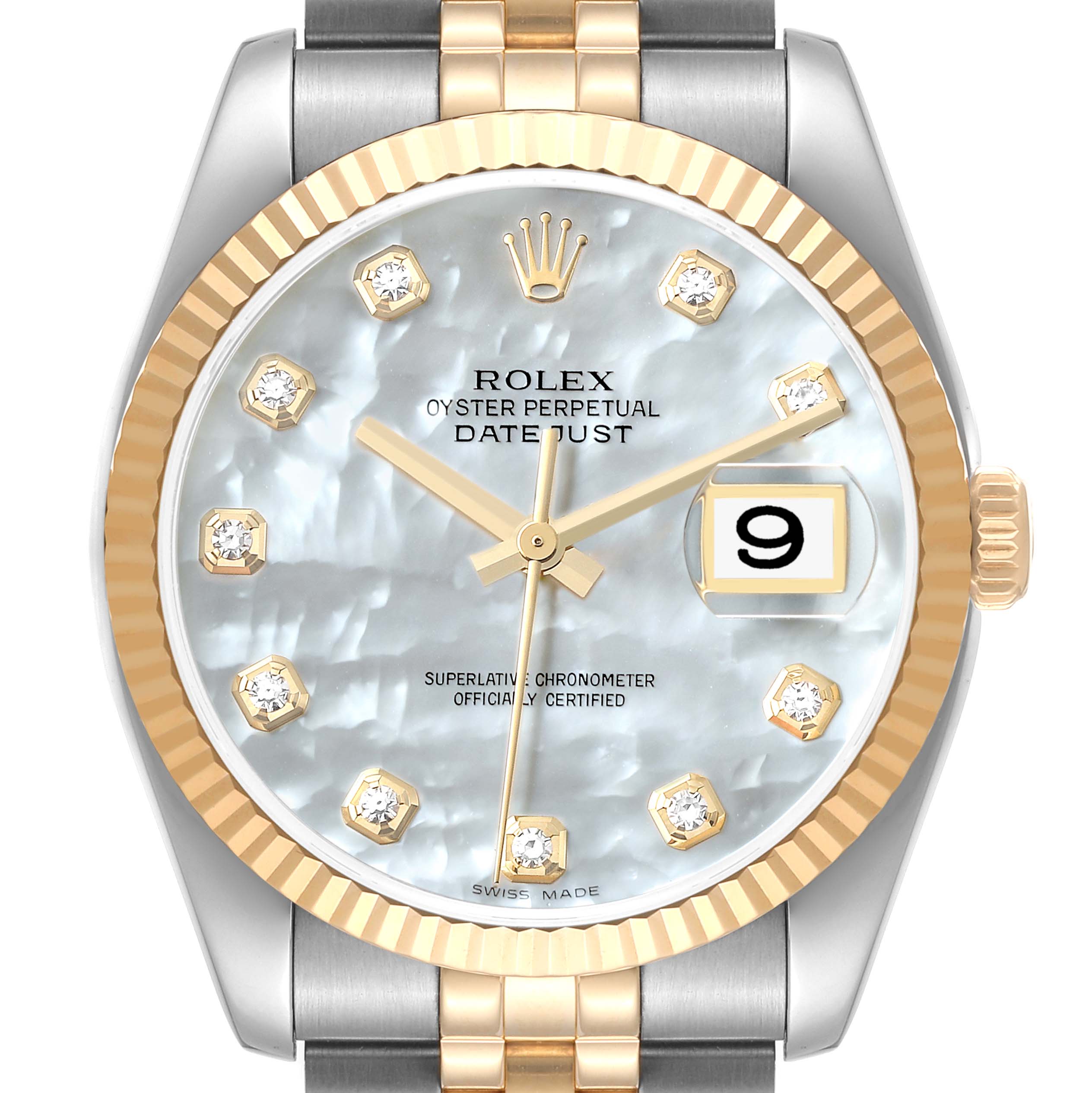 This image shows a frontal view of a Rolex Datejust 116233 Men's Steel and Gold (two tone) Mother of Pearl Dial 116233 Men's Steel and Gold (two tone) Mother of Pearl Dial model watch, highlighting its dial, fluted bezel, and bracelet.