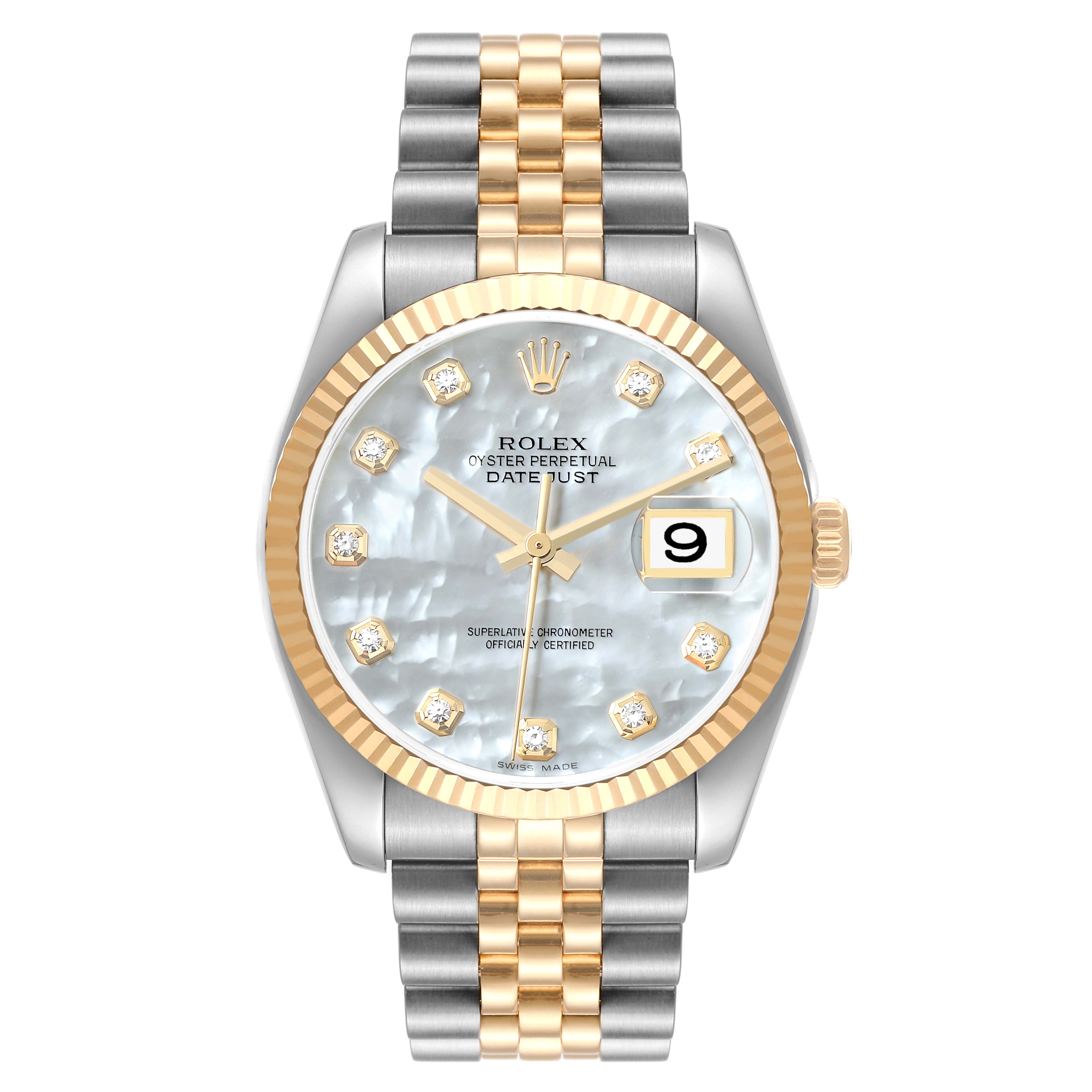The Rolex Datejust 116233 Men's Steel and Gold (two tone) Mother of Pearl Dial 116233 Men's Steel and Gold (two tone) Mother of Pearl Dial watch is shown from a top view, highlighting its two-tone bracelet, fluted bezel, mother-of-pearl dial, and date indicator.