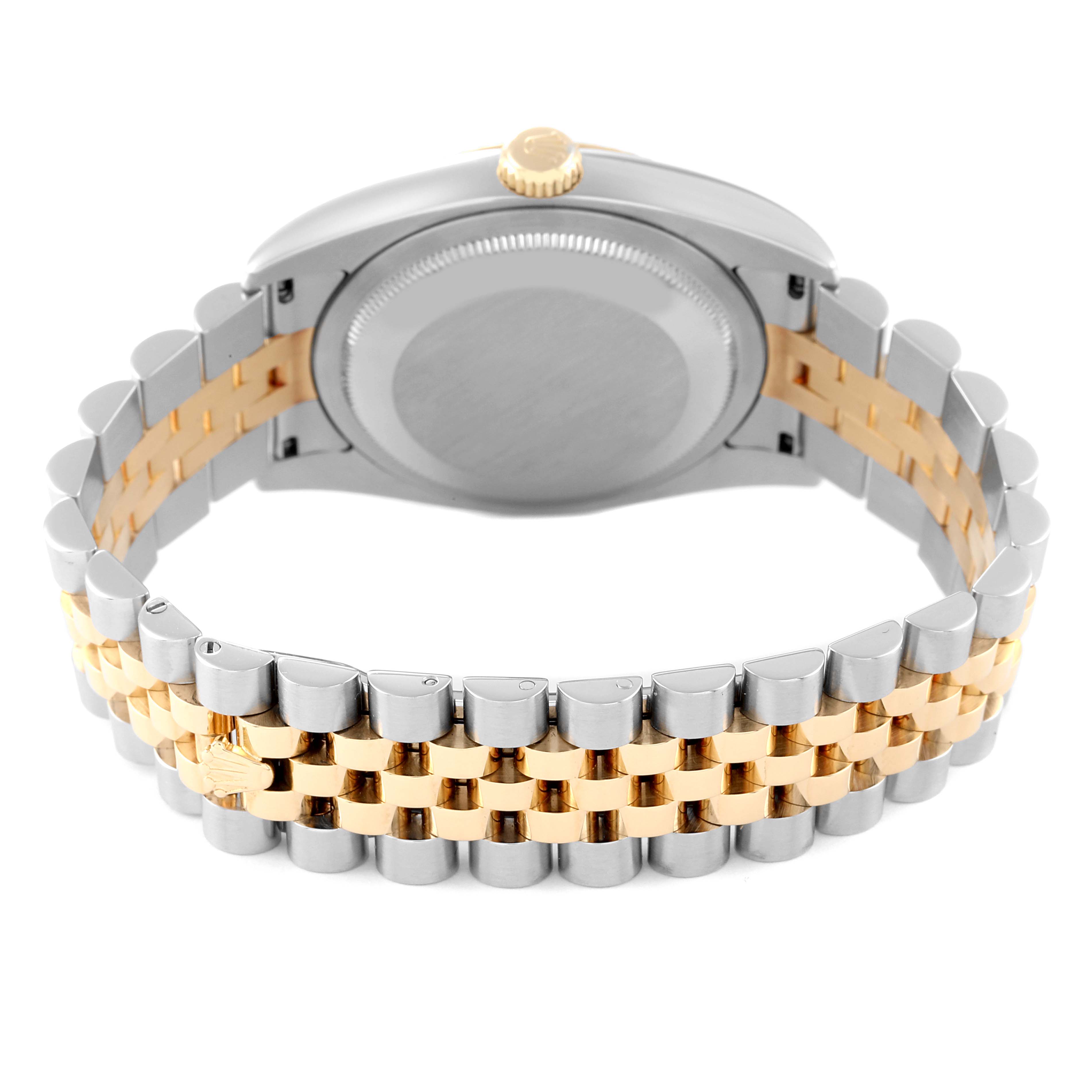 The image shows the back view of a Rolex Datejust 116233 Men's Steel and Gold (two tone) Mother of Pearl Dial 116233 Men's Steel and Gold (two tone) Mother of Pearl Dial model with its two-tone metal bracelet and caseback visible.