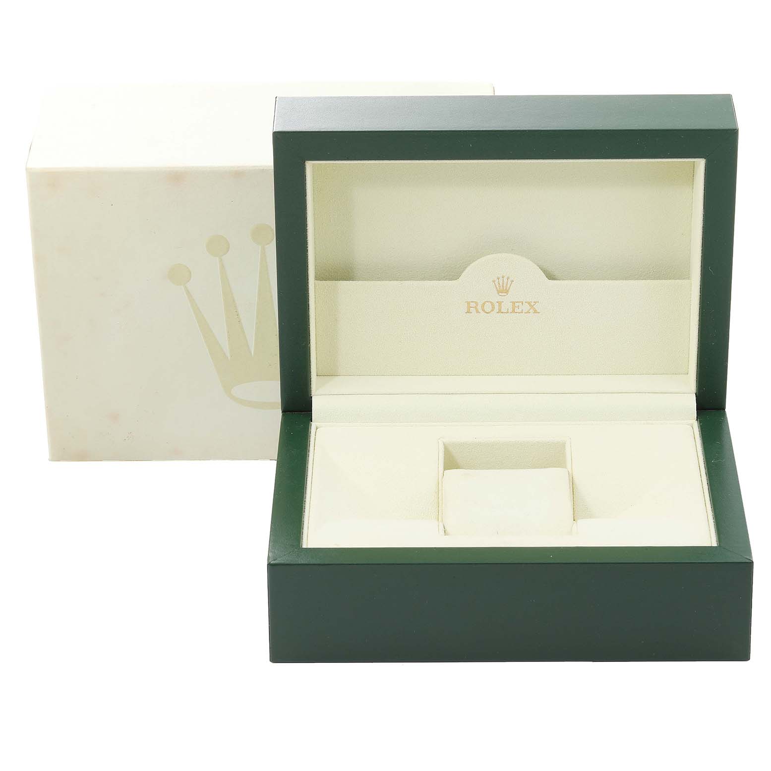 The image shows an open green and beige box for a Rolex Datejust 116233 Men's Steel and Gold (two tone) Mother of Pearl Dial 116233 Men's Steel and Gold (two tone) Mother of Pearl Dial watch, with an empty slot for the watch.