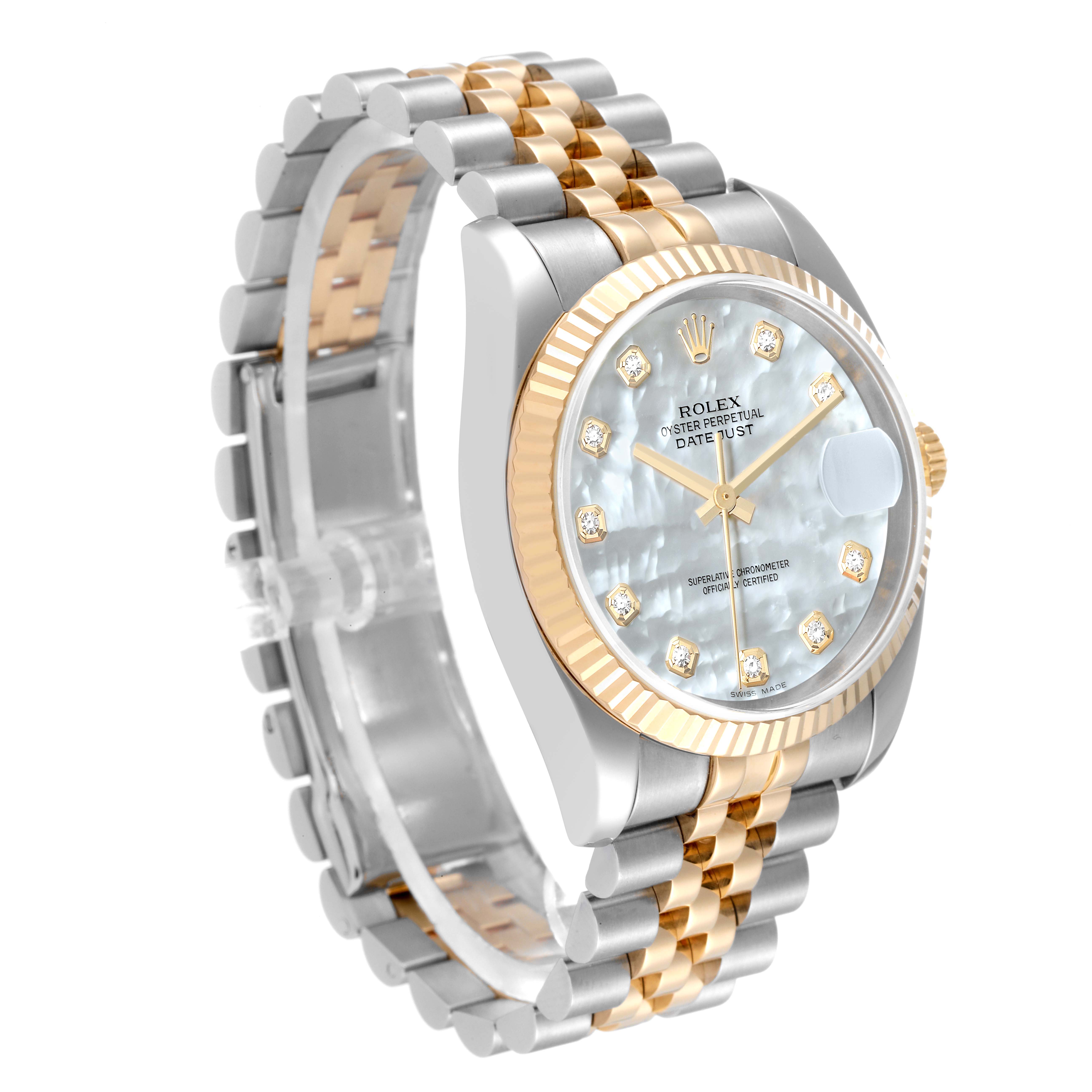 The Rolex Datejust 116233 Men's Steel and Gold (two tone) Mother of Pearl Dial 116233 Men's Steel and Gold (two tone) Mother of Pearl Dial watch is shown at an angled view, displaying its two-tone bracelet, fluted bezel, and dial with diamond markers.