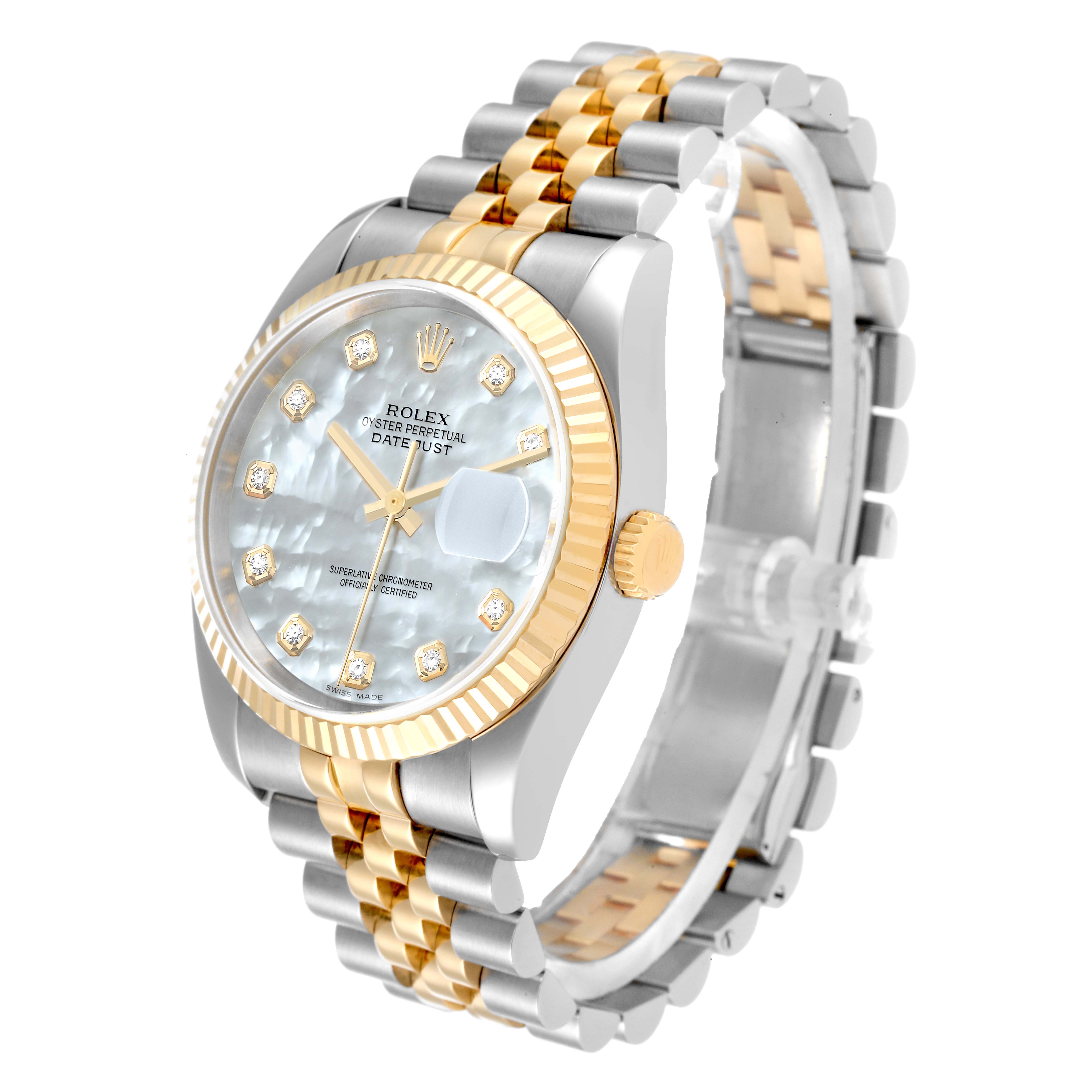 The Rolex Datejust 116233 Men's Steel and Gold (two tone) Mother of Pearl Dial 116233 Men's Steel and Gold (two tone) Mother of Pearl Dial watch is shown at a three-quarter angle, highlighting the face, bezel, crown, and bracelet.