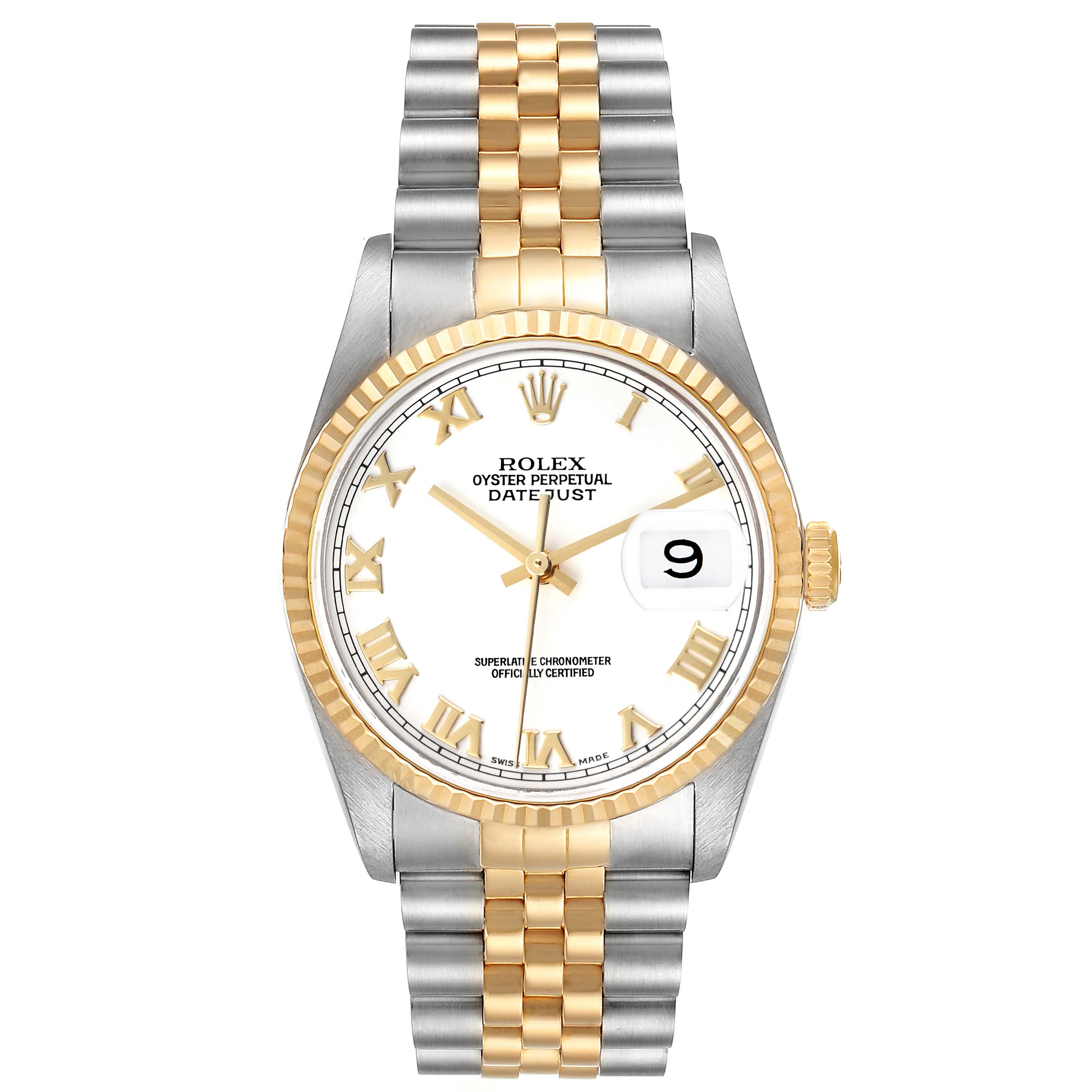 This image shows a front view of a Rolex Datejust 16233 Men's Steel and Gold (two tone) White Dial 16233 Men's Steel and Gold (two tone) White Dial watch showcasing its dial, case, and two-tone bracelet.