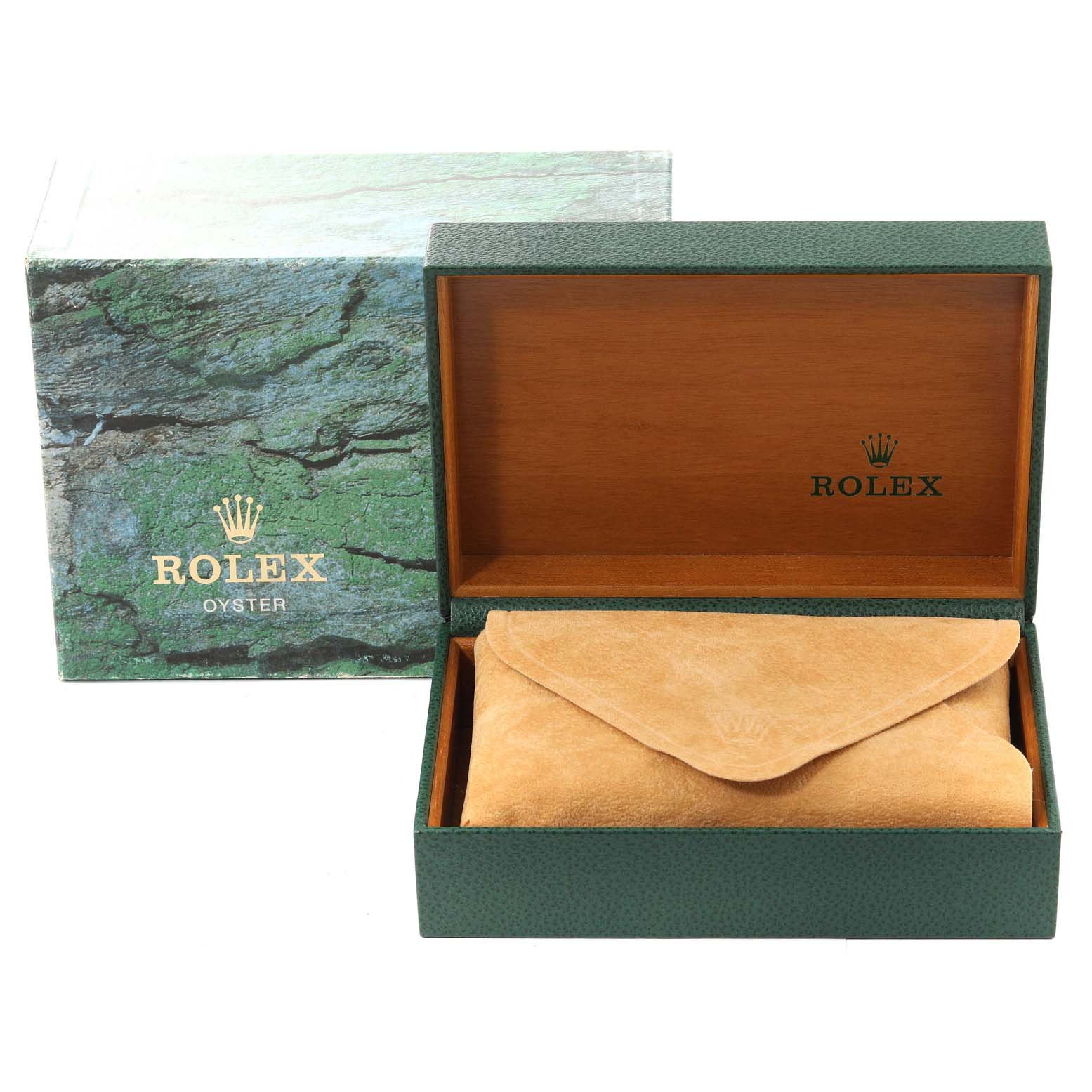 The image displays a Rolex Datejust 16233 Men's Steel and Gold (two tone) White Dial 16233 Men's Steel and Gold (two tone) White Dial watch box and outer packaging, with the watch inside a suede pouch within the box.