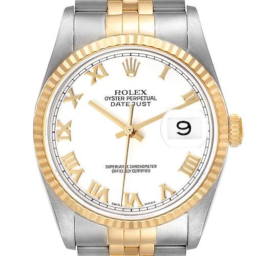 The Rolex Datejust watch is shown from a straight-on angle, highlighting the dial, bezel, and part of the bracelet.