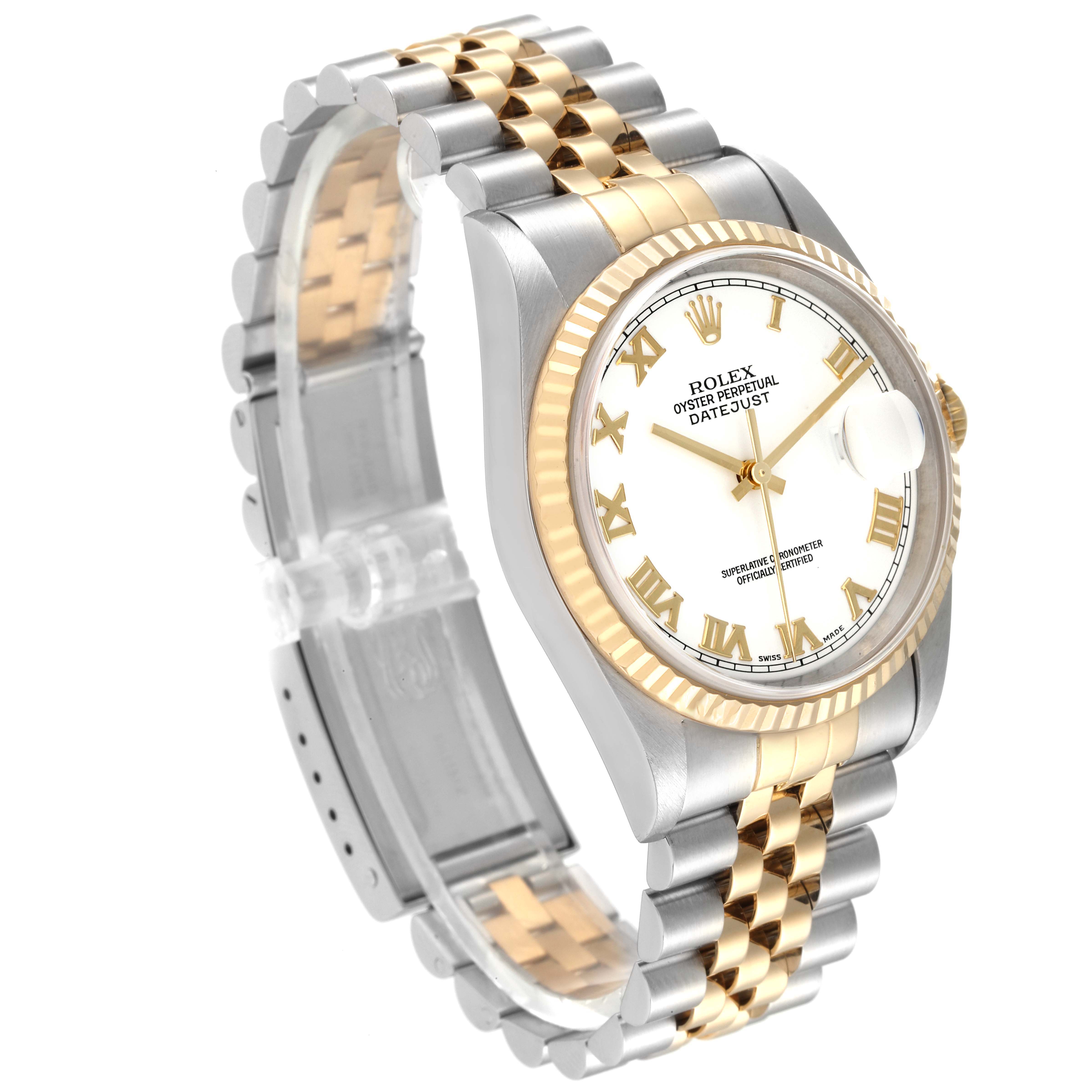 This image shows a Rolex Datejust 16233 Men's Steel and Gold (two tone) White Dial 16233 Men's Steel and Gold (two tone) White Dial watch at a three-quarter angle, displaying the face, bezel, and two-tone bracelet.