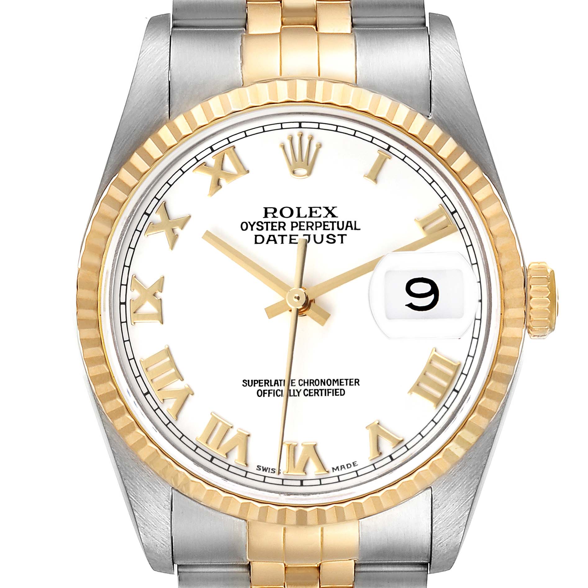 This image shows a frontal view of the Rolex Datejust 16233 Men's Steel and Gold (two tone) White Dial 16233 Men's Steel and Gold (two tone) White Dial watch, highlighting its face, bezel, and part of the bracelet.