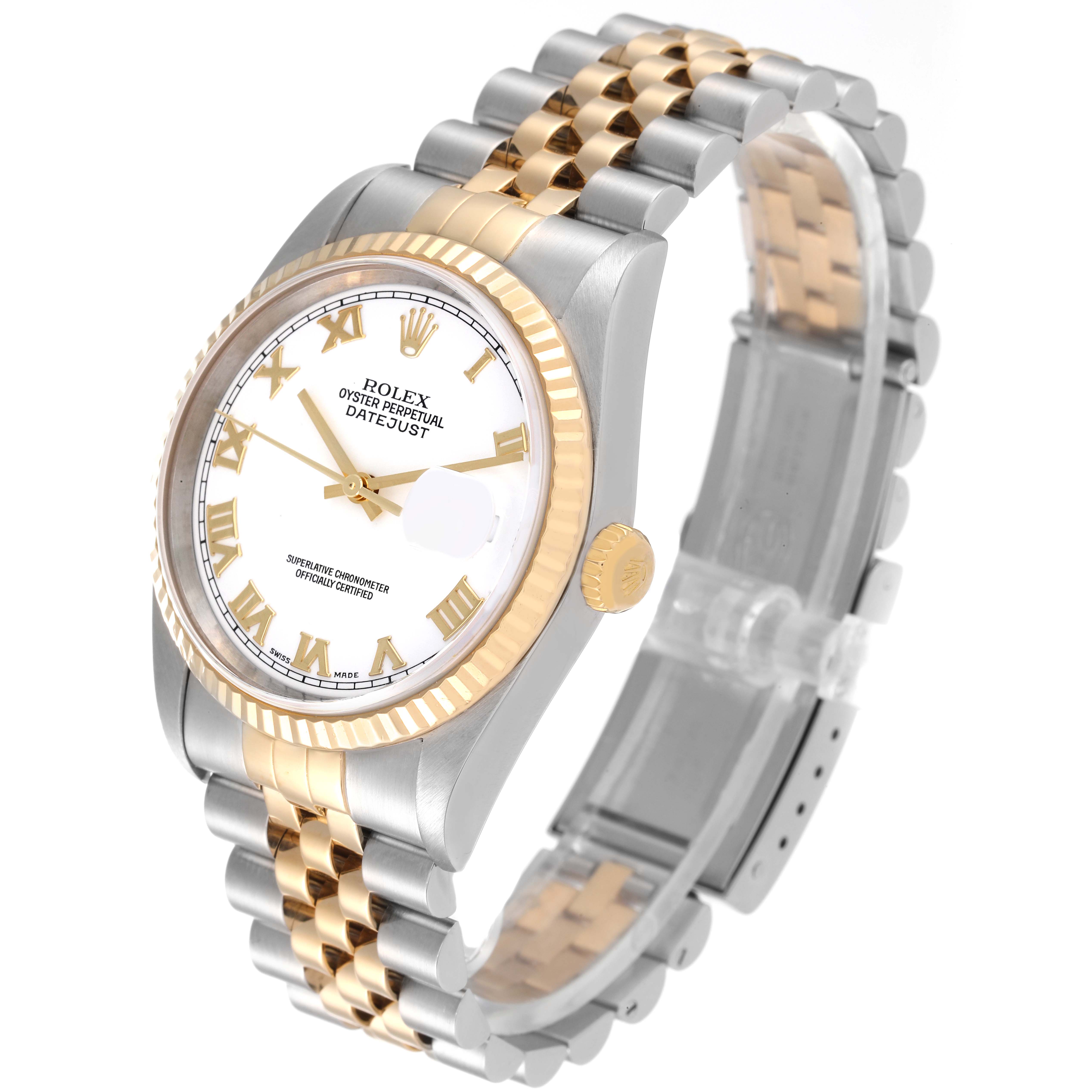 The image shows a Rolex Datejust 16233 Men's Steel and Gold (two tone) White Dial 16233 Men's Steel and Gold (two tone) White Dial watch from an angled side view, highlighting its dial, bezel, and two-tone bracelet.