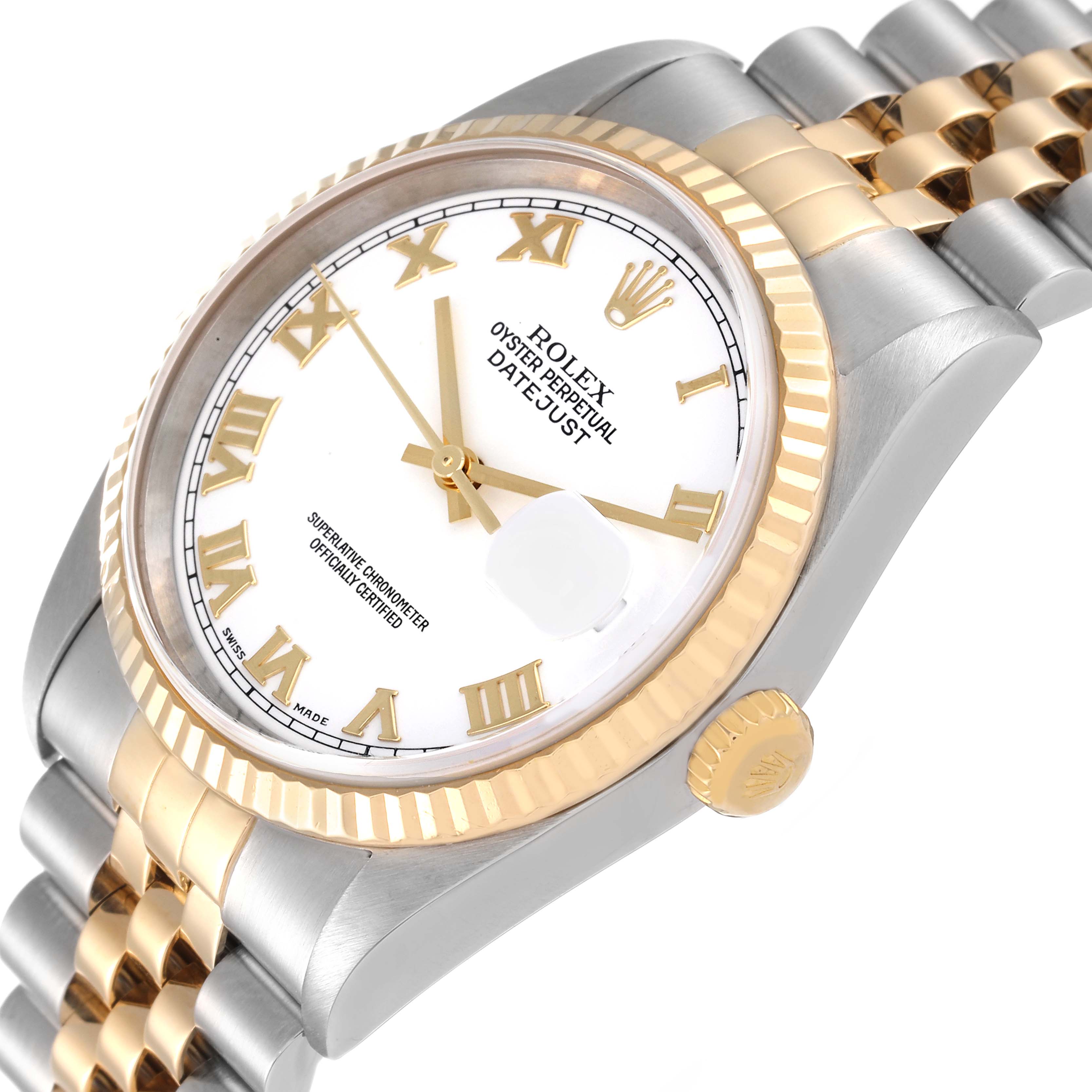 This image shows a close-up, angled view of a Rolex Datejust 16233 Men's Steel and Gold (two tone) White Dial 16233 Men's Steel and Gold (two tone) White Dial, highlighting its bezel, dial, and part of the bracelet.