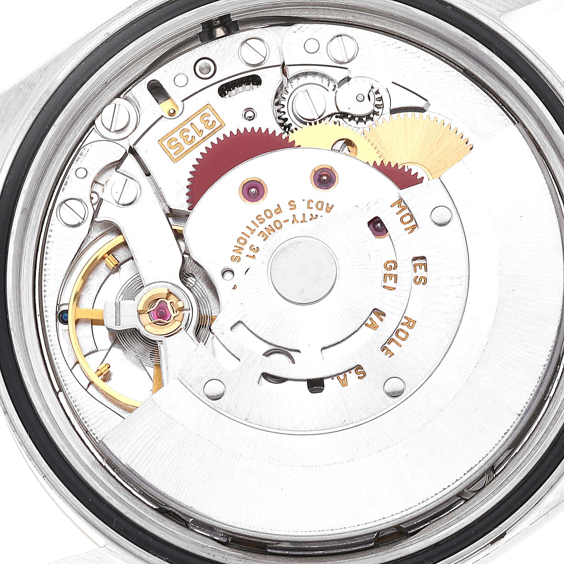 This image shows the inner mechanical movement of a Rolex Datejust 16233 Men's Steel and Gold (two tone) White Dial 16233 Men's Steel and Gold (two tone) White Dial watch, viewed from the back.