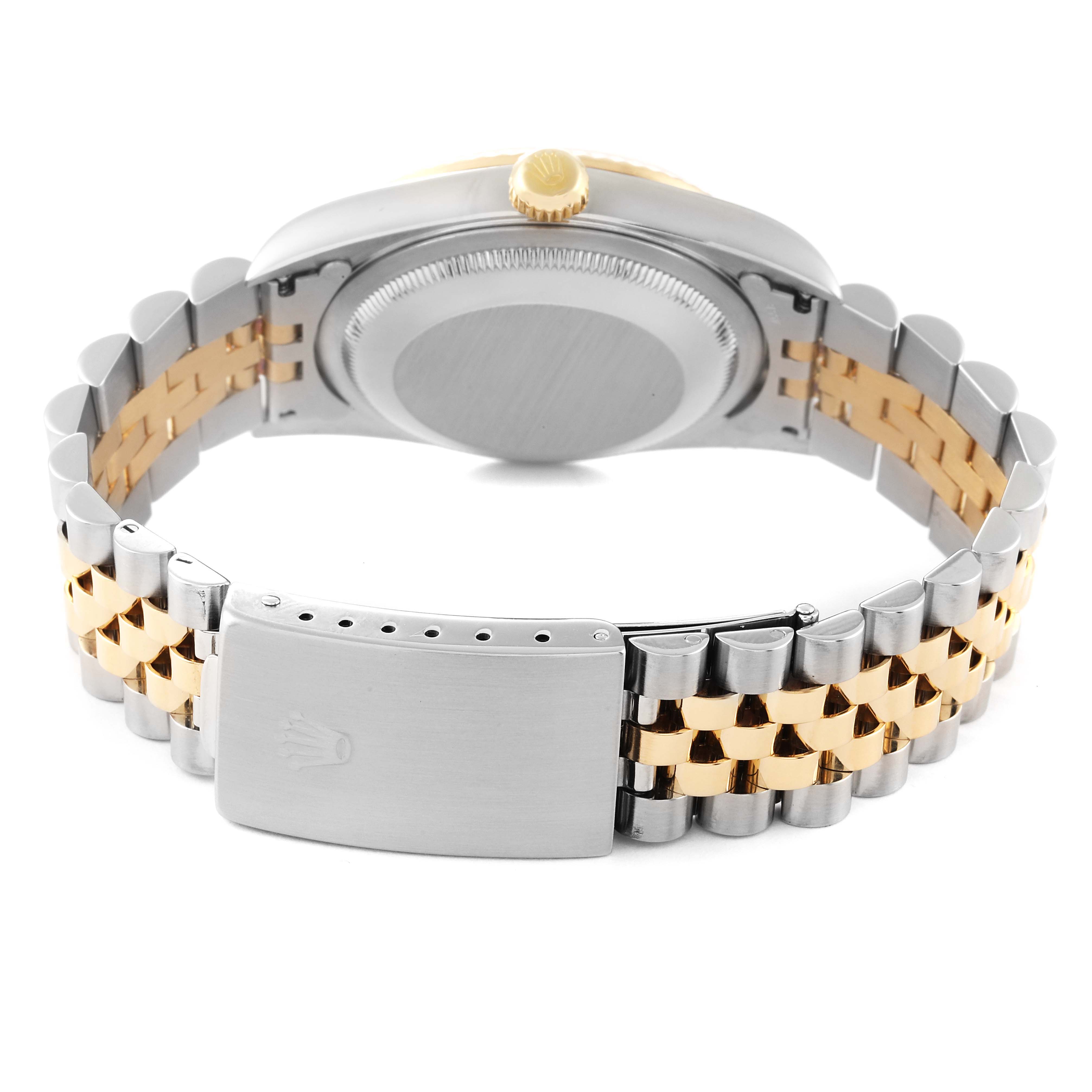 This image shows the back view of a Rolex Datejust 16233 Men's Steel and Gold (two tone) White Dial 16233 Men's Steel and Gold (two tone) White Dial, highlighting its clasp, bracelet, and case back.