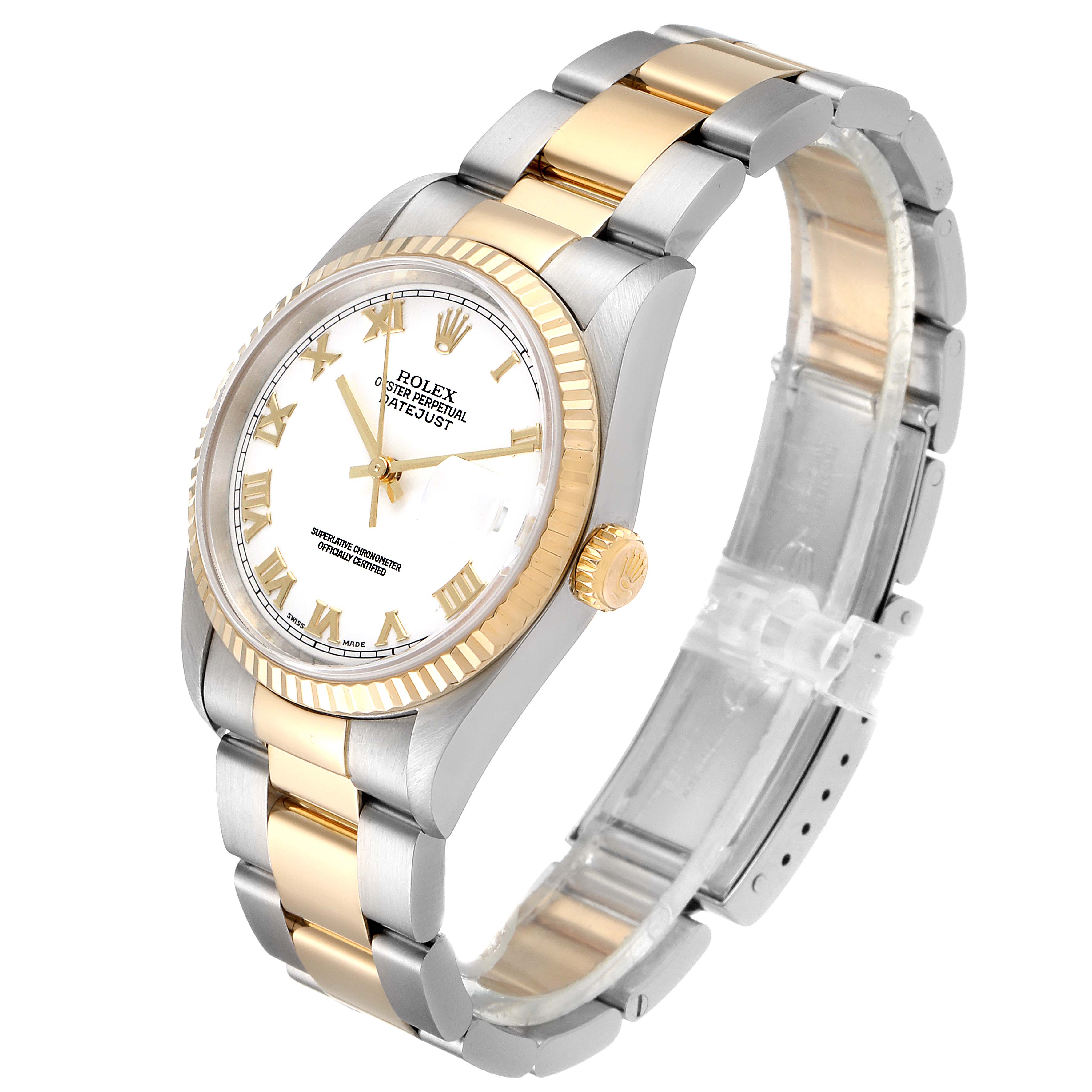 The Rolex Datejust 16233 Men's Steel and Gold (two tone) White Dial 16233 Men's Steel and Gold (two tone) White Dial watch is shown at a front-side angle, displaying its bracelet, dial, and fluted bezel.