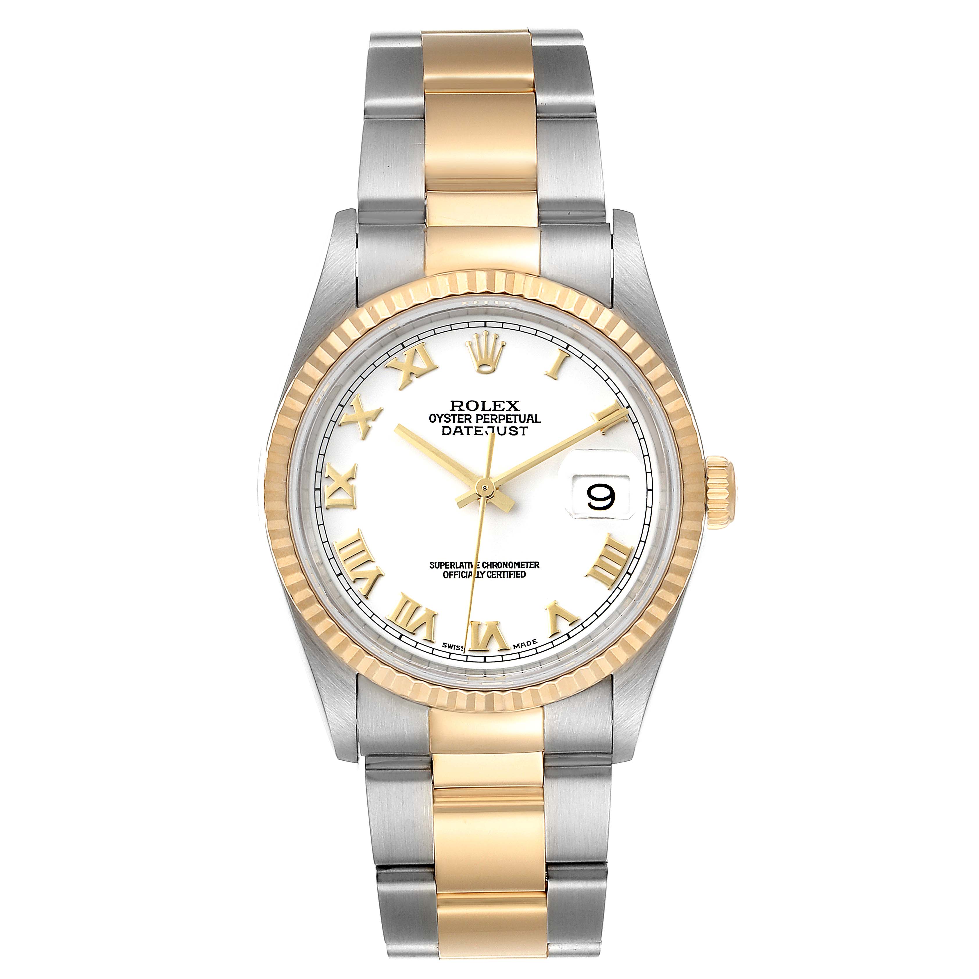 This image shows a frontal view of the Rolex Datejust 16233 Men's Steel and Gold (two tone) White Dial 16233 Men's Steel and Gold (two tone) White Dial, displaying its face, bezel, crown, and two-tone metal bracelet.