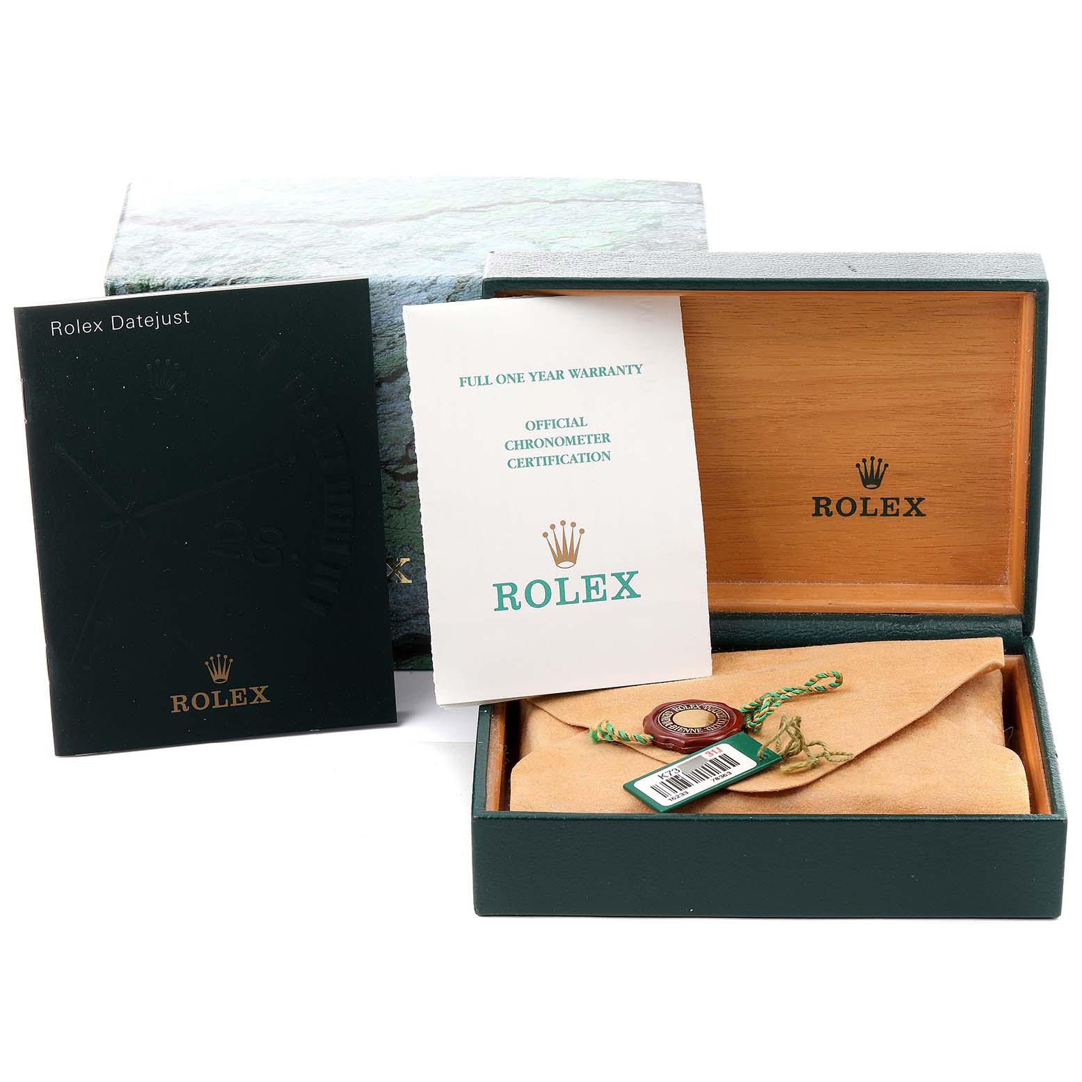 The image shows packaging accessories for a Rolex Datejust 16233 Men's Steel and Gold (two tone) White Dial 16233 Men's Steel and Gold (two tone) White Dial, including a box, warranty card, and manual.