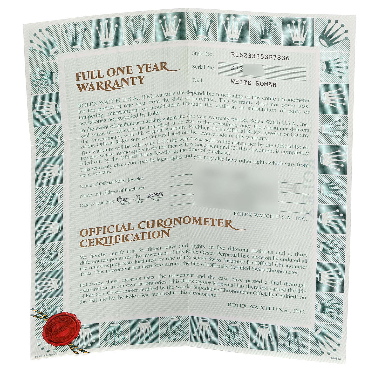 This image shows a warranty and official chronometer certification for the Rolex Datejust 16233 Men's Steel and Gold (two tone) White Dial 16233 Men's Steel and Gold (two tone) White Dial model watch.