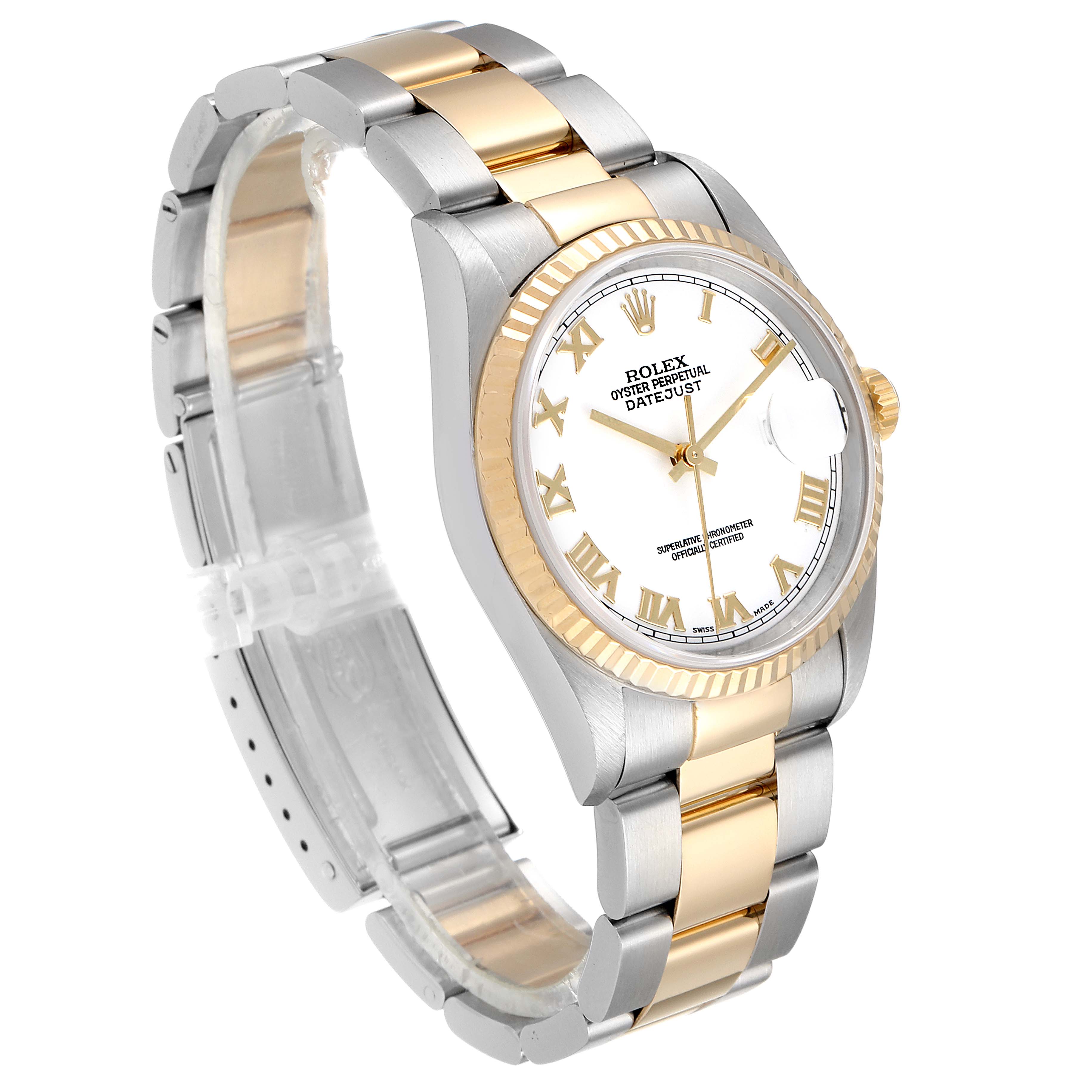 This Rolex Datejust 16233 Men's Steel and Gold (two tone) White Dial 16233 Men's Steel and Gold (two tone) White Dial watch is shown at a three-quarter angle, featuring its two-tone bracelet, white dial, and fluted bezel.