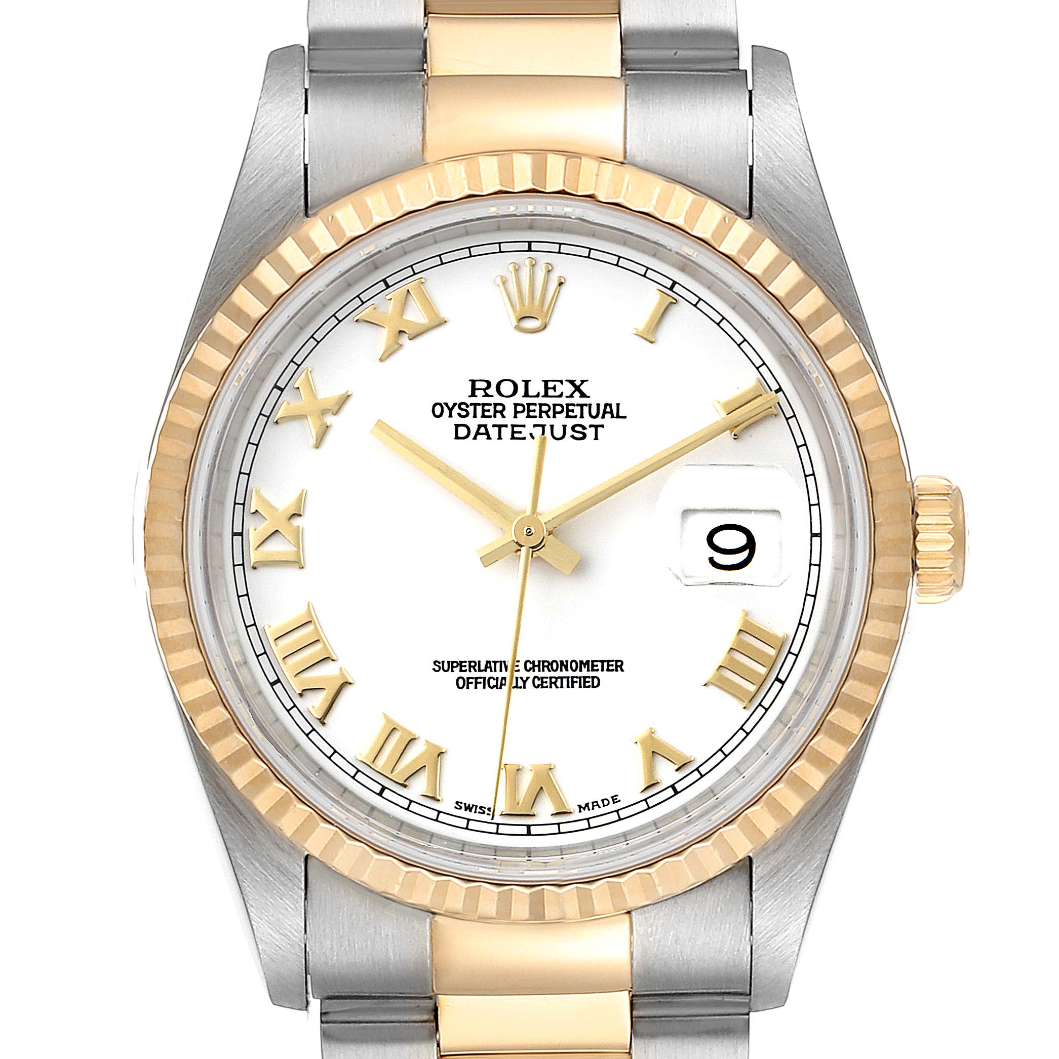 The image shows a front view of the Rolex Datejust 16233 Men's Steel and Gold (two tone) White Dial 16233 Men's Steel and Gold (two tone) White Dial watch, featuring its dial, bezel, and part of its bracelet.