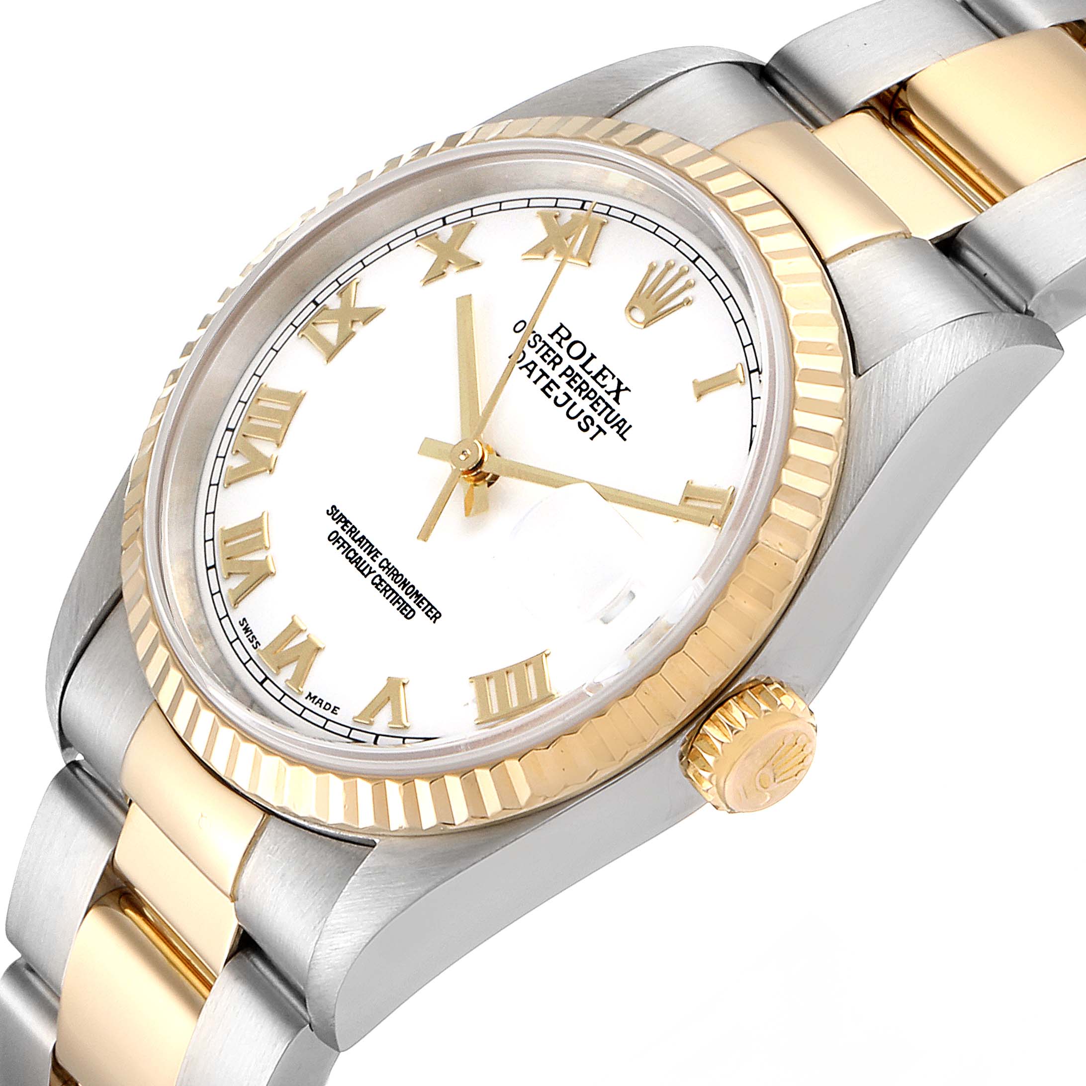 This image shows a close-up angle of a Rolex Datejust 16233 Men's Steel and Gold (two tone) White Dial 16233 Men's Steel and Gold (two tone) White Dial watch, highlighting its face, bezel, crown, and bracelet.