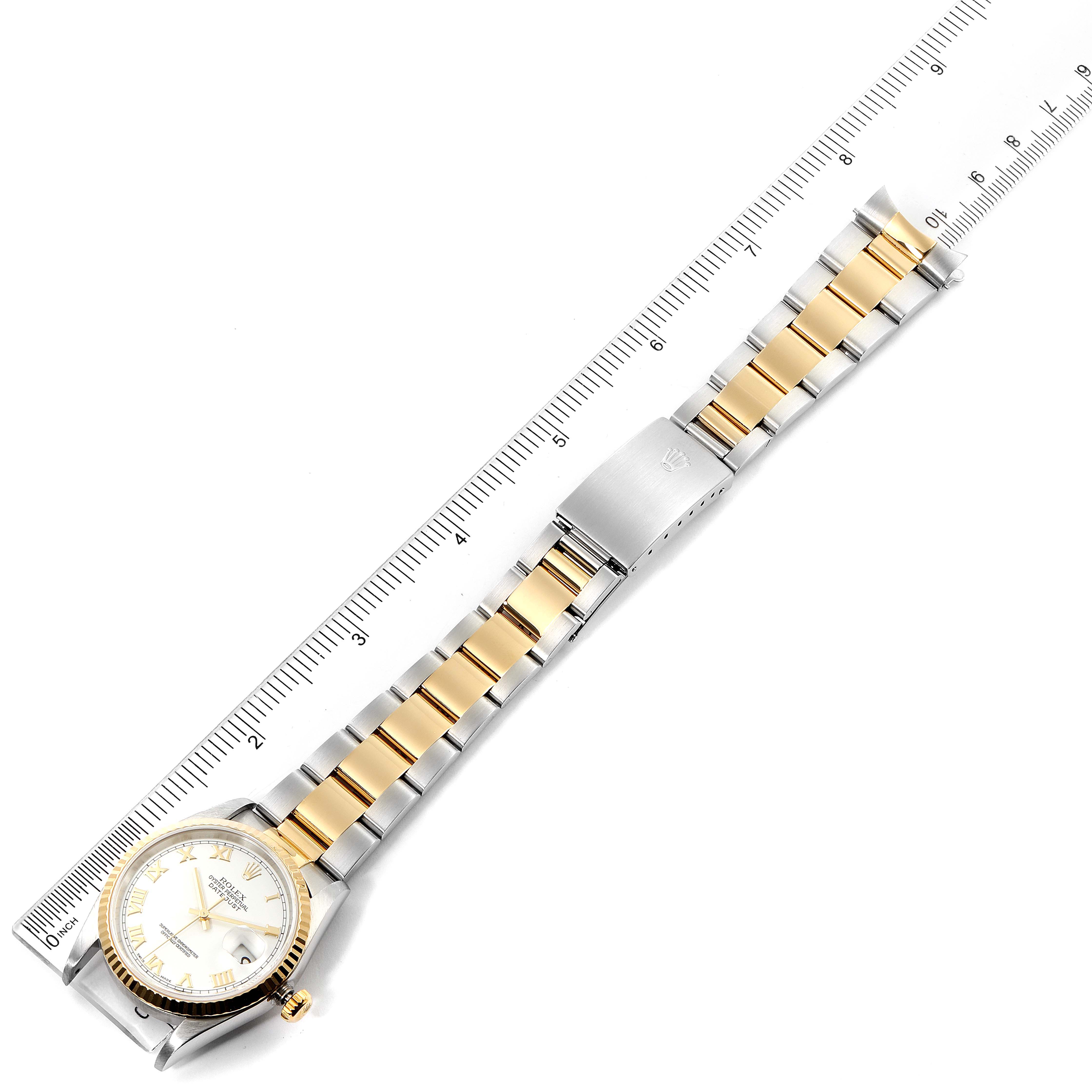 The Rolex Datejust 16233 Men's Steel and Gold (two tone) White Dial 16233 Men's Steel and Gold (two tone) White Dial watch is shown from a top-down angle, displaying the dial, case, and bracelet.