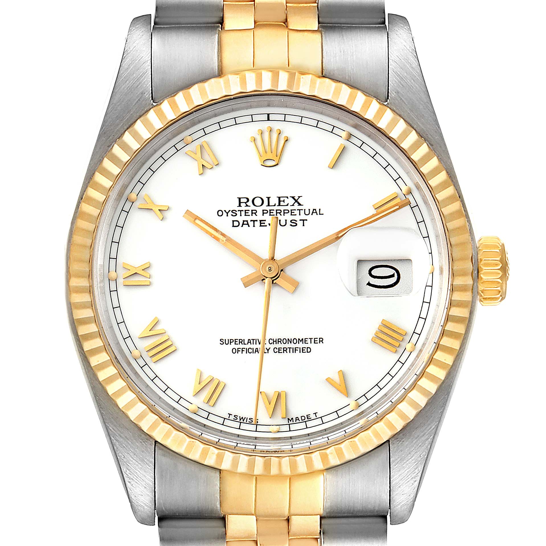 The Rolex Vintage Collection 16013 Men's Steel and Gold (two tone) White Dial 16013 Men's Steel and Gold (two tone) White Dial model is shown from the front, featuring the dial, bezel, and partial bracelet.