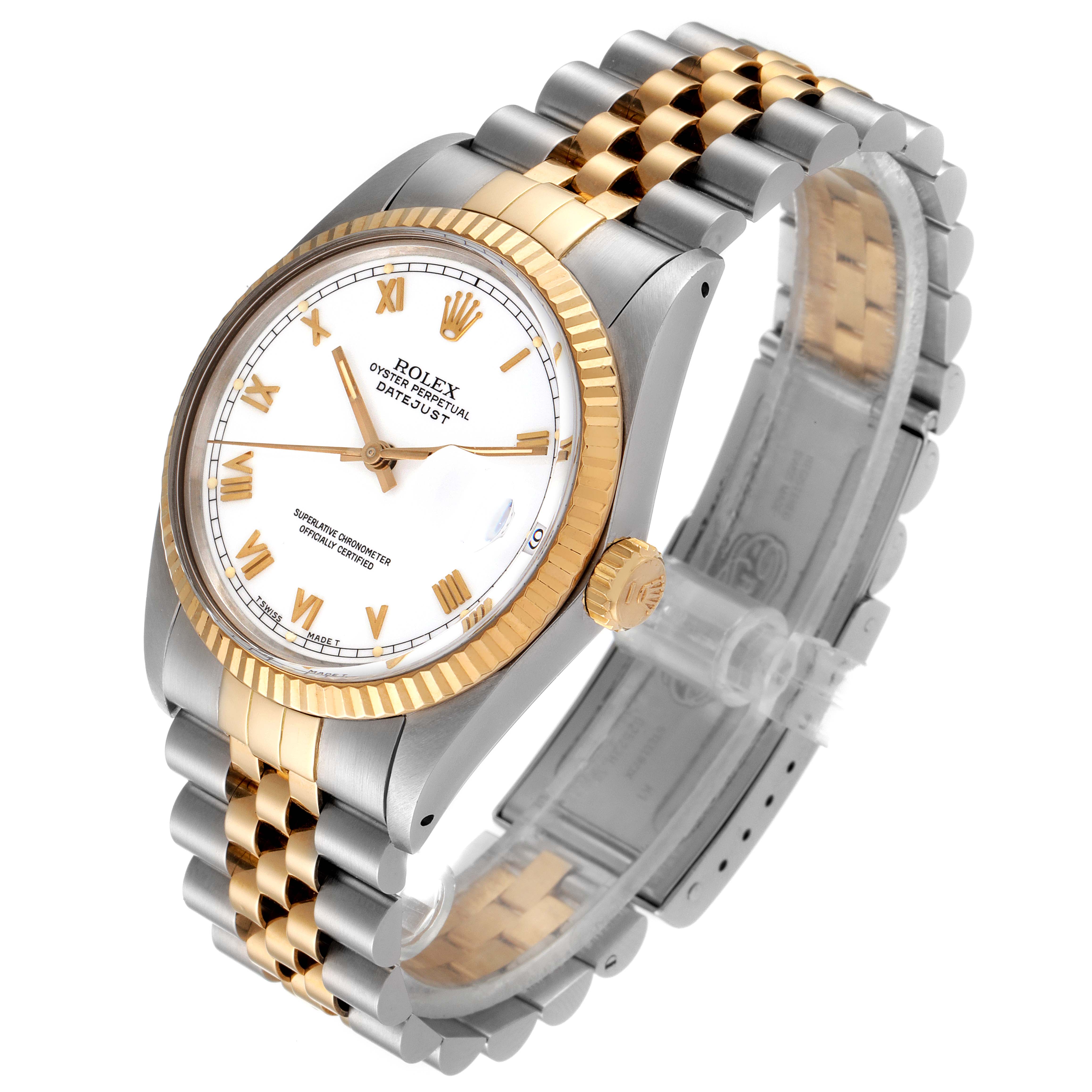 The Rolex Vintage Collection 16013 Men's Steel and Gold (two tone) White Dial 16013 Men's Steel and Gold (two tone) White Dial model shows a gold and silver two-tone bracelet, white dial, gold indices, and crown from a side angle.