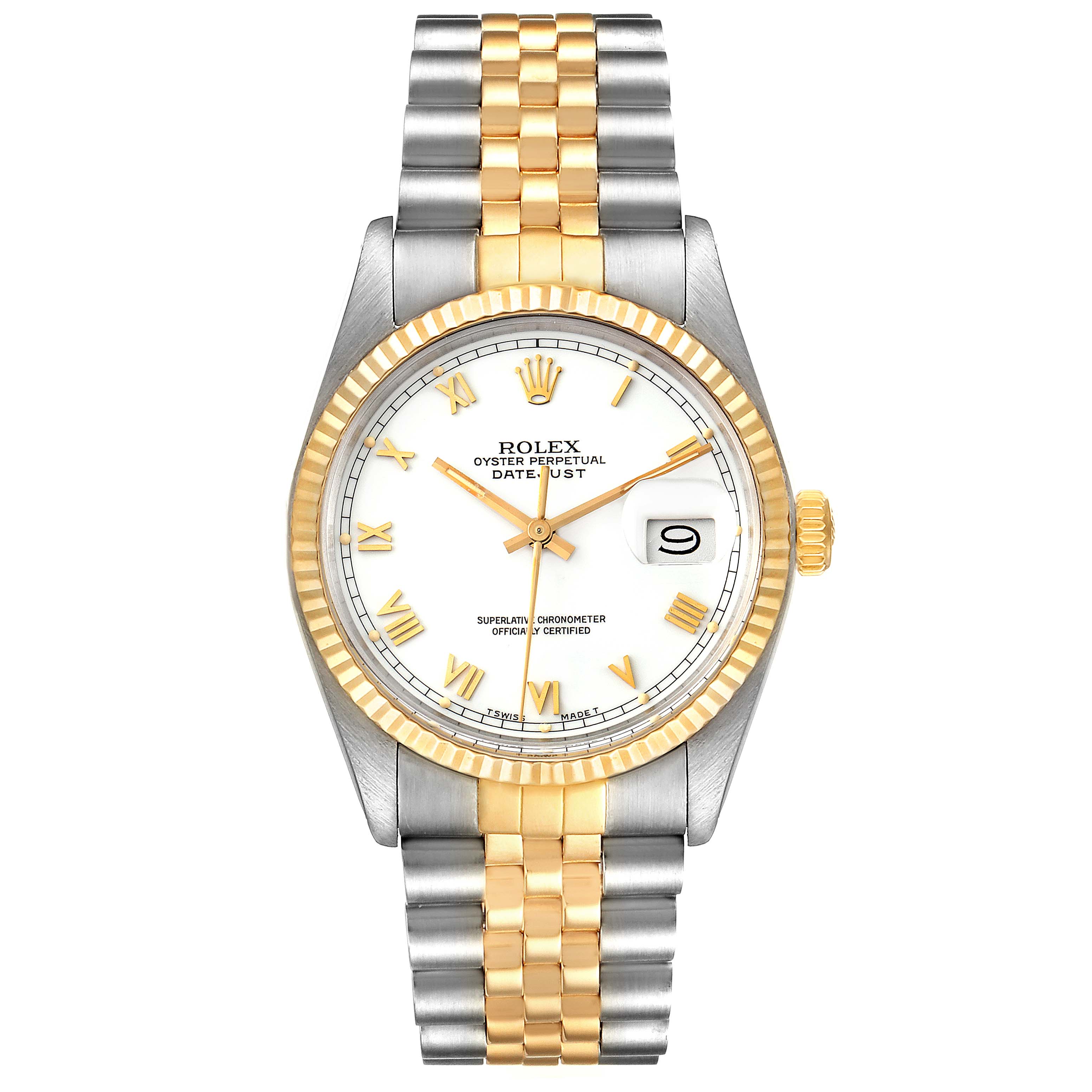 The Rolex Vintage Collection 16013 Men's Steel and Gold (two tone) White Dial 16013 Men's Steel and Gold (two tone) White Dial model is shown from a front angle, displaying the face, bezel, bracelet, and date window.