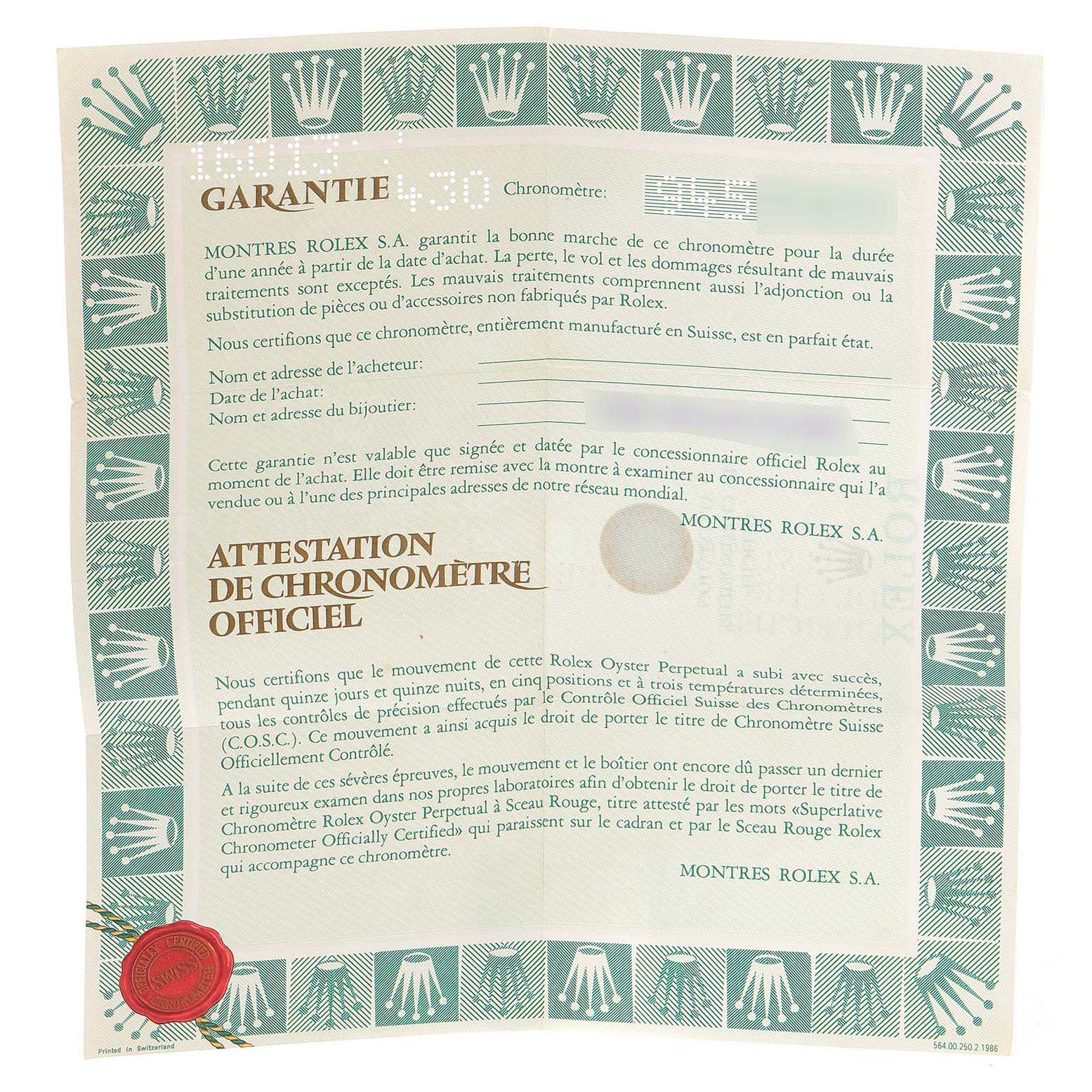 The image shows the warranty and chronometer certificate for the Vintage Collection model by Rolex, viewed from the top.