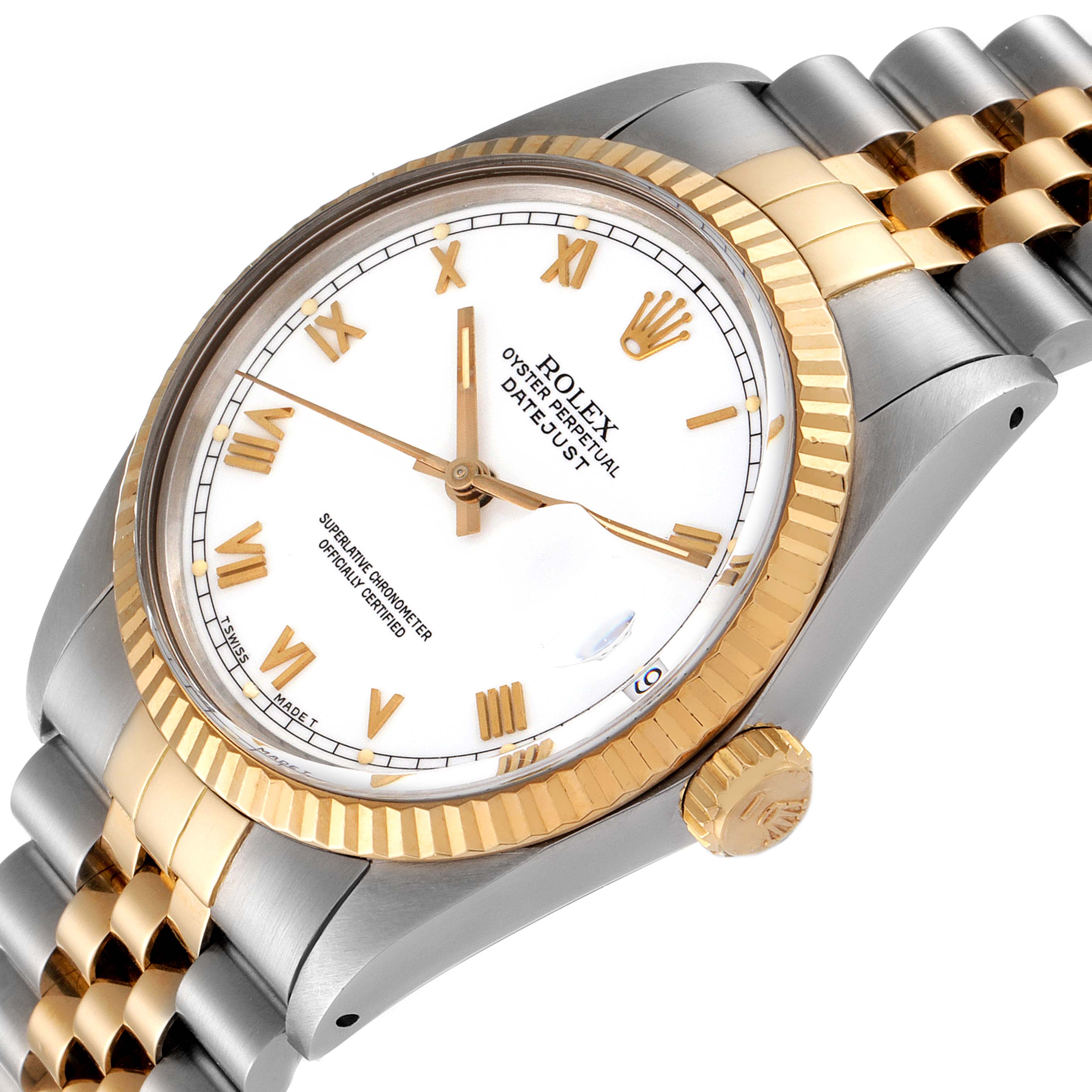 The image shows a Rolex Vintage Collection 16013 Men's Steel and Gold (two tone) White Dial 16013 Men's Steel and Gold (two tone) White Dial watch, highlighting the dial, bezel, crown, and metal bracelet at an angle.
