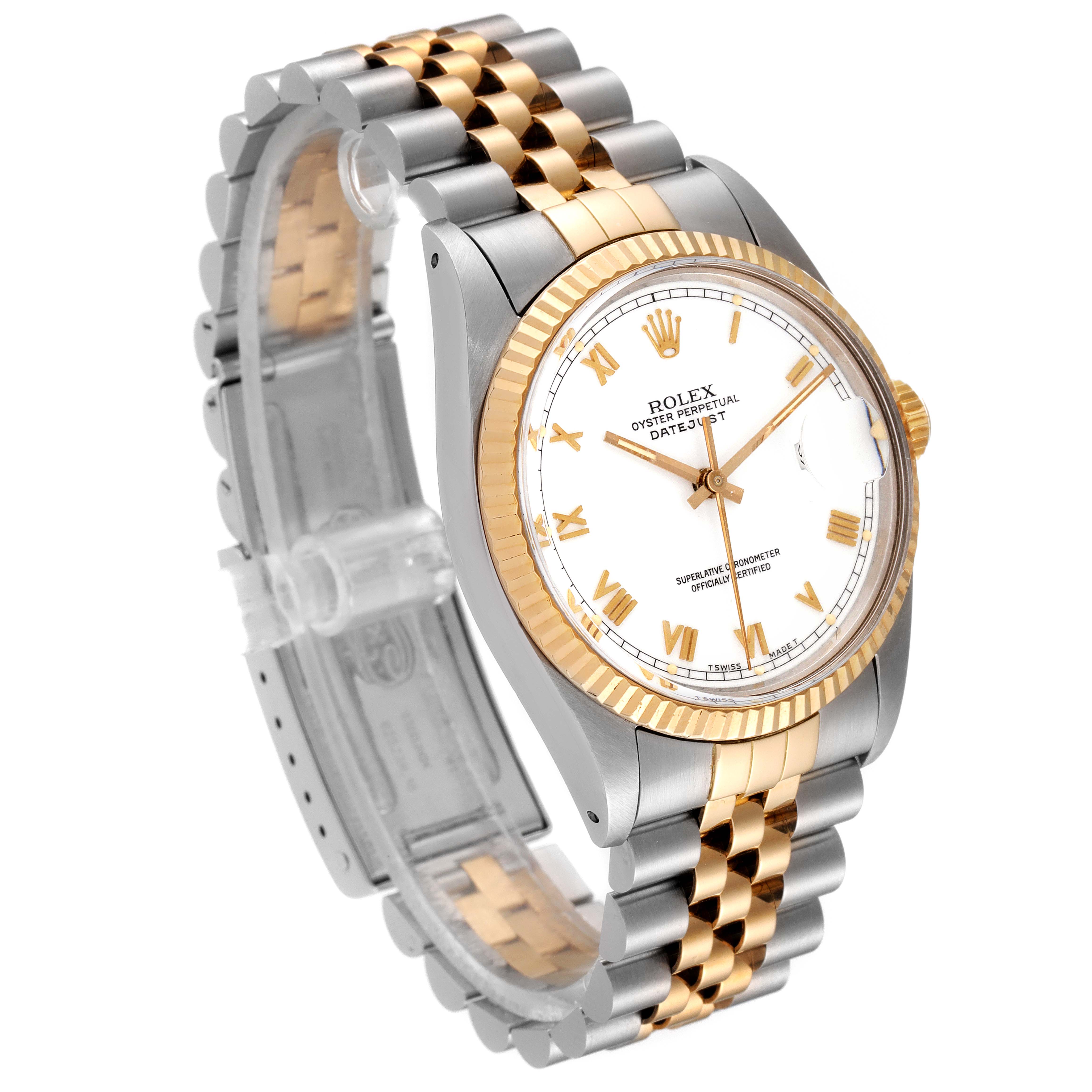 This Vintage Collection Rolex watch is shown at a slight angle, revealing the face, case, and two-tone metal bracelet.