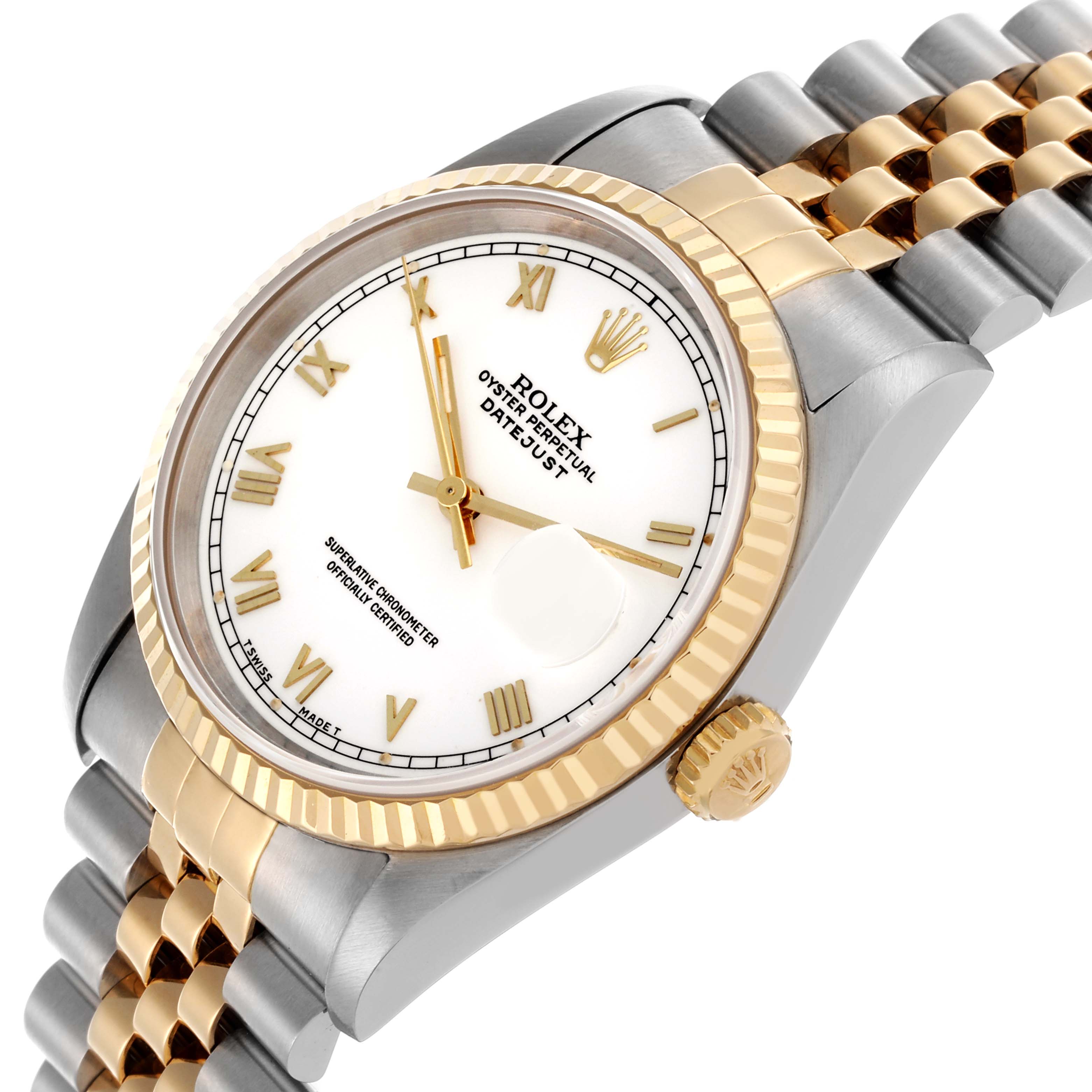 The image shows a Rolex Datejust 16233 Men's Steel and Gold (two tone) White Dial 16233 Men's Steel and Gold (two tone) White Dial watch from a front-side angle, featuring the dial, bezel, crown, and part of the bracelet.