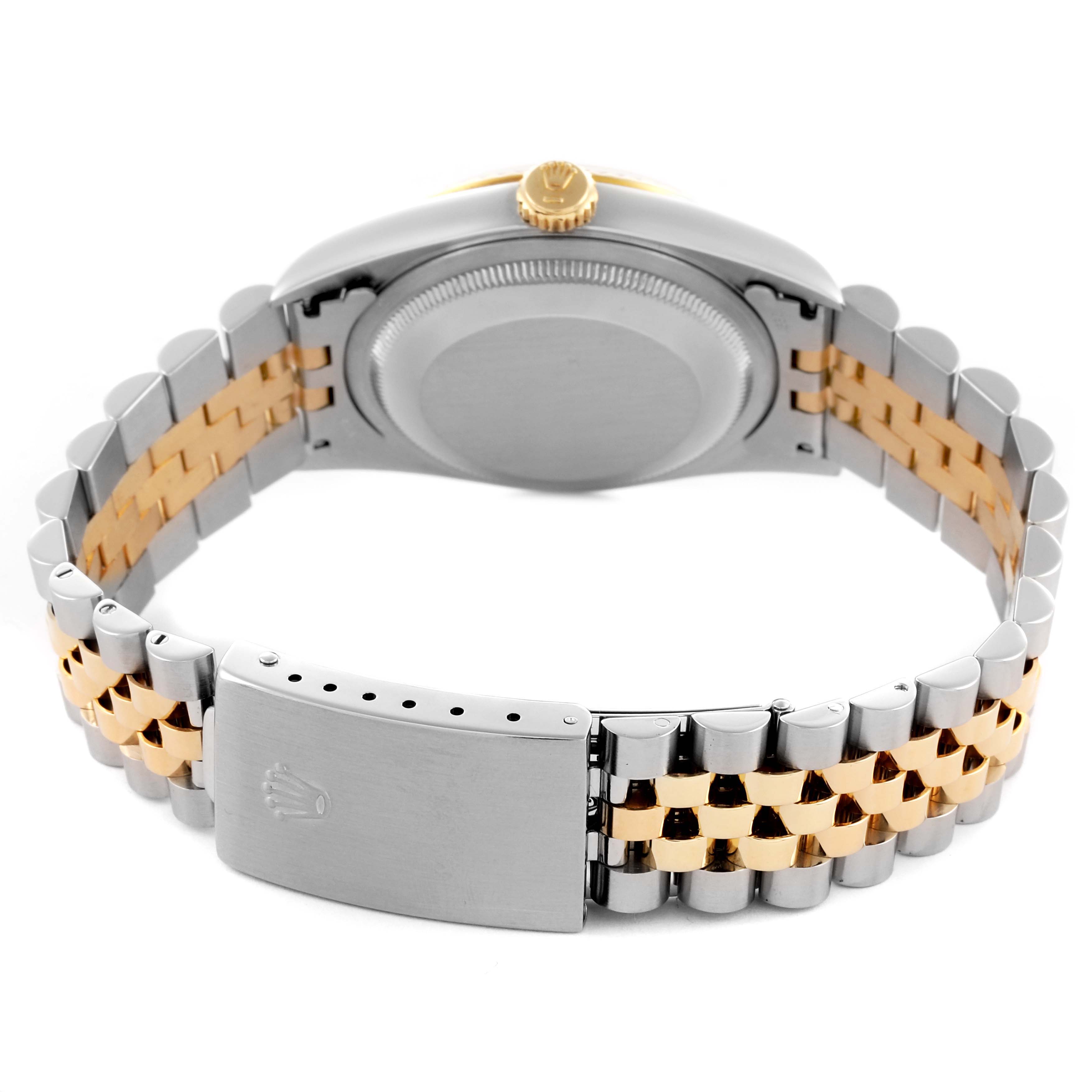 The Rolex Datejust 16233 Men's Steel and Gold (two tone) White Dial 16233 Men's Steel and Gold (two tone) White Dial is shown from the back, highlighting its bracelet and clasp.