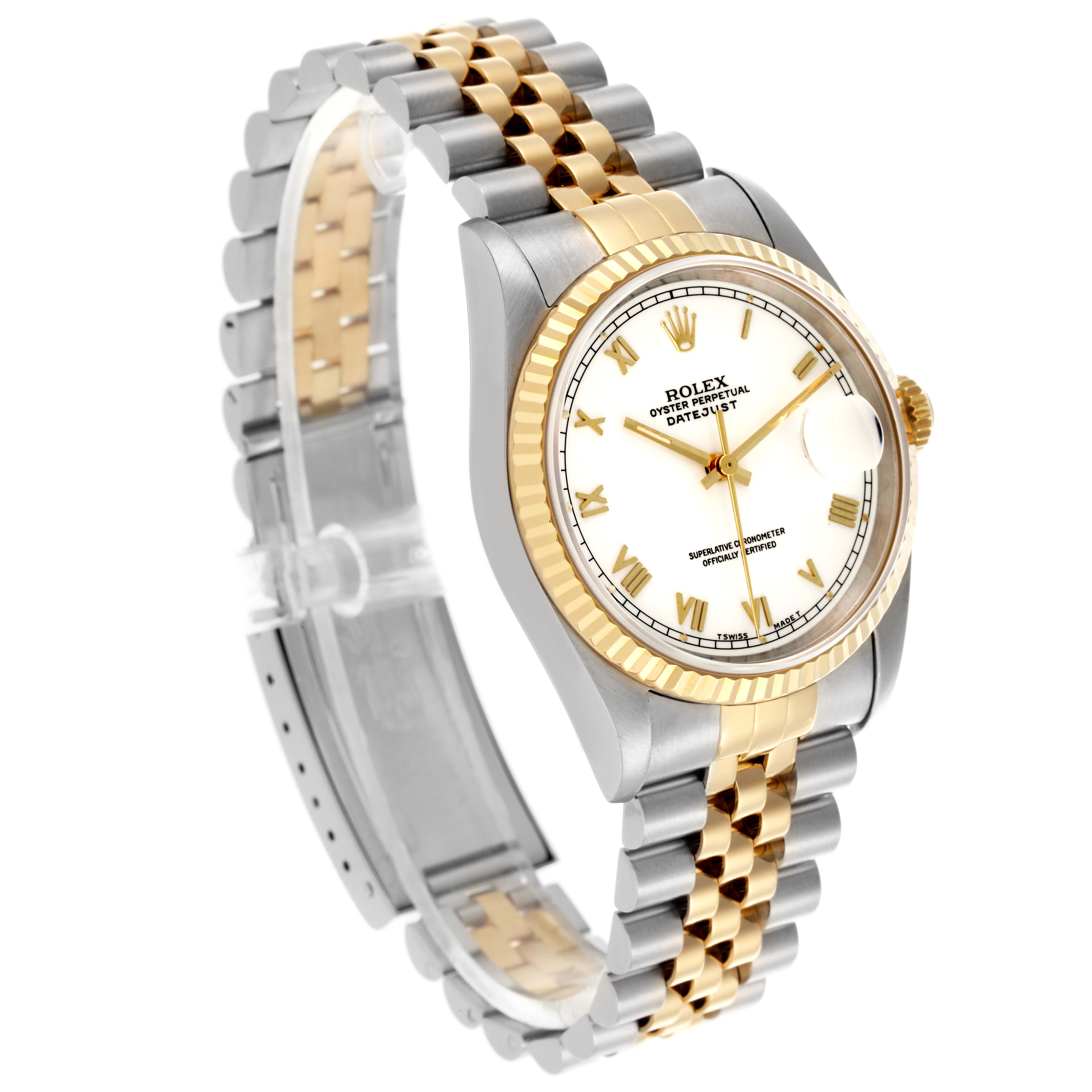 The Rolex Datejust 16233 Men's Steel and Gold (two tone) White Dial 16233 Men's Steel and Gold (two tone) White Dial watch is shown at an angle displaying the face, fluted bezel, and jubilee bracelet.