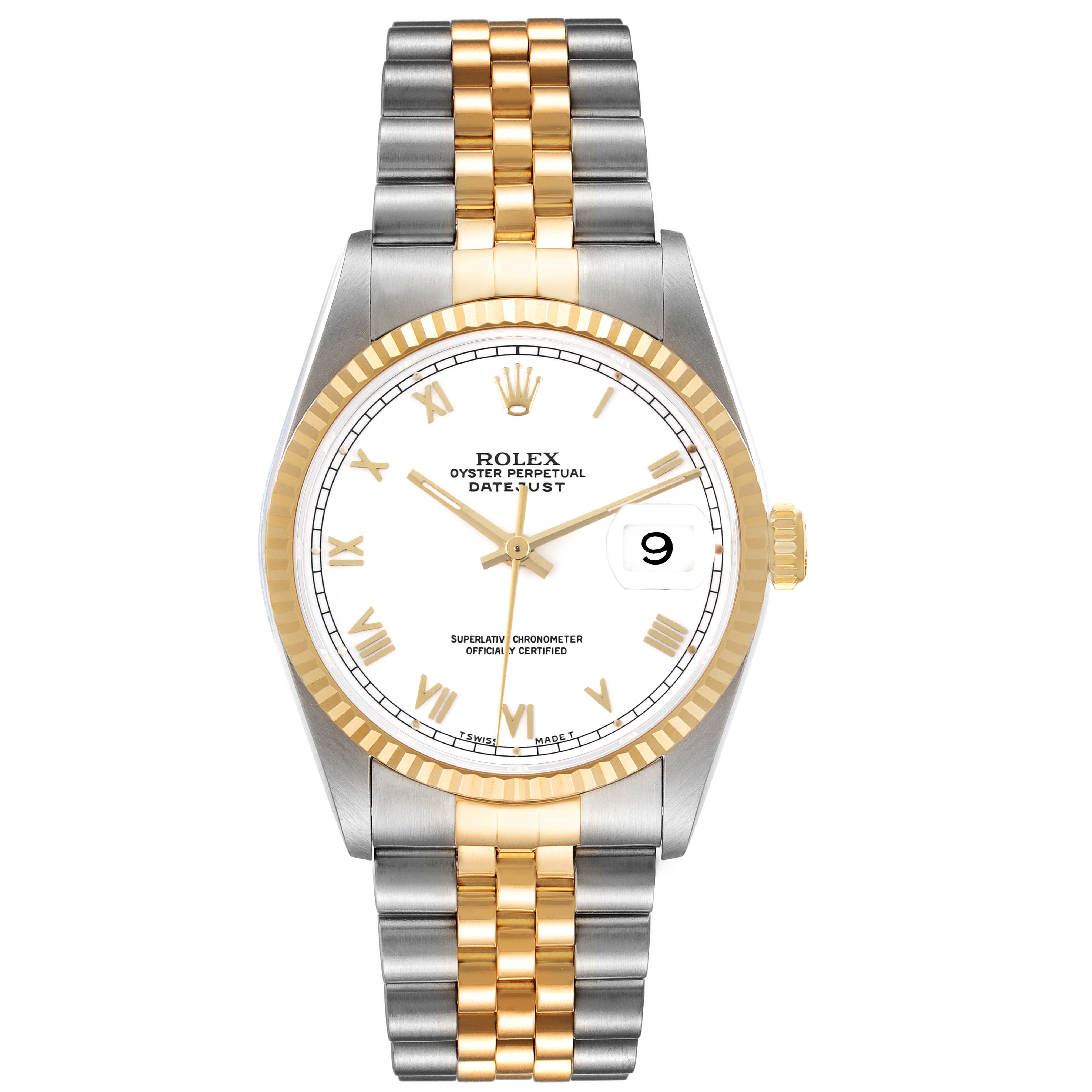 The Rolex Datejust 16233 Men's Steel and Gold (two tone) White Dial 16233 Men's Steel and Gold (two tone) White Dial watch is shown from a front angle, displaying the dial, bezel, and Jubilee bracelet.