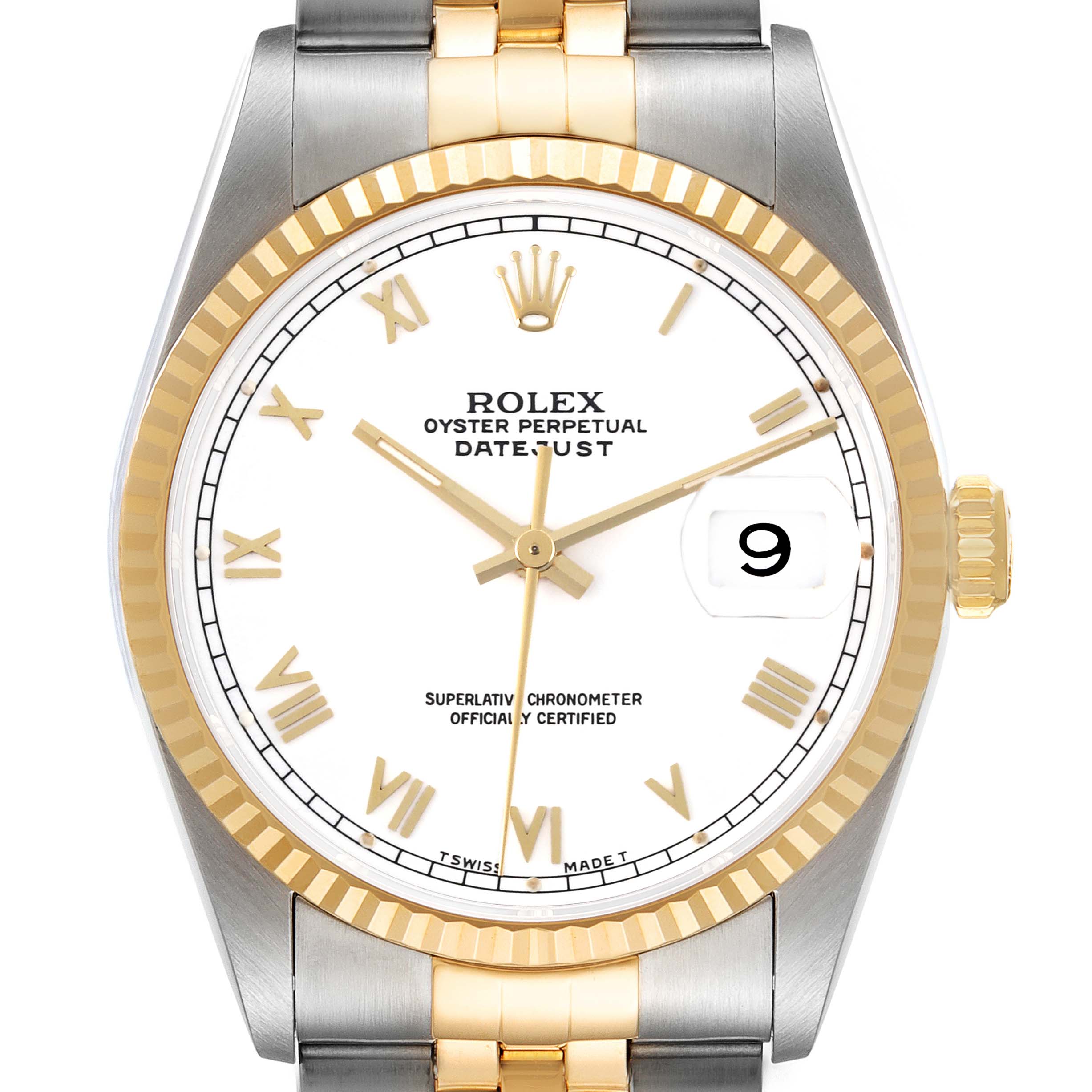 The image shows a front view of a Rolex Datejust 16233 Men's Steel and Gold (two tone) White Dial 16233 Men's Steel and Gold (two tone) White Dial, highlighting the dial, bezel, crown, and bracelet.