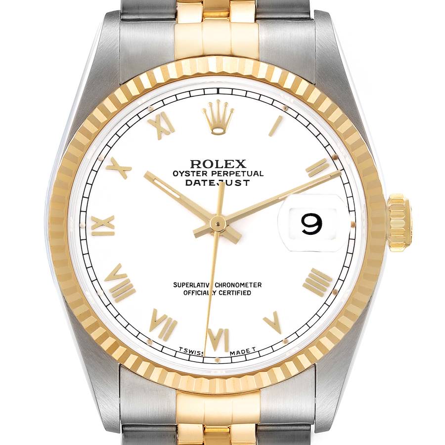 The image shows a front view of a Rolex Datejust, highlighting the dial, bezel, crown, and bracelet.