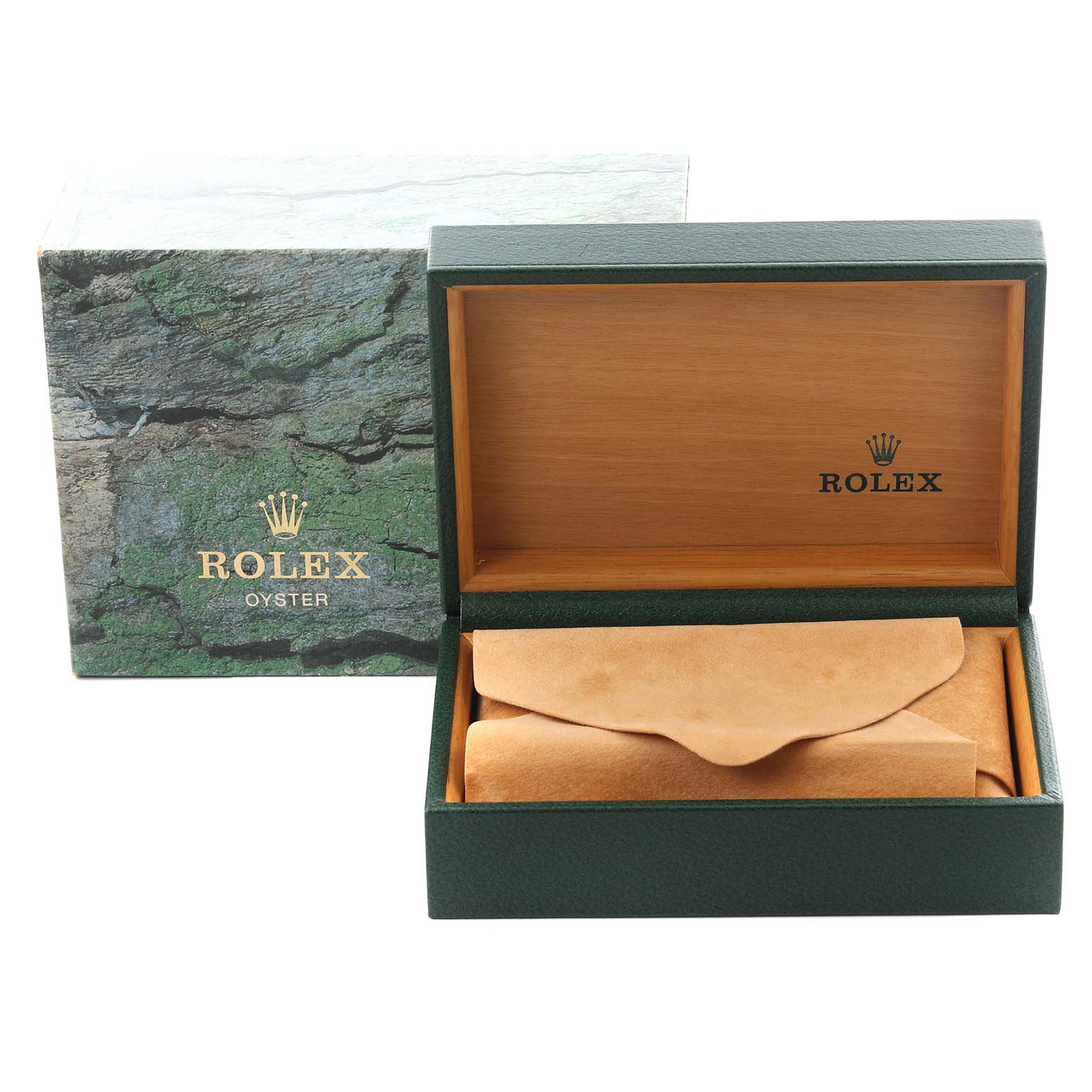 The image shows a Rolex Datejust 16233 Men's Steel and Gold (two tone) White Dial 16233 Men's Steel and Gold (two tone) White Dial watch box, featuring an open green exterior case and a brown interior with a pouch.