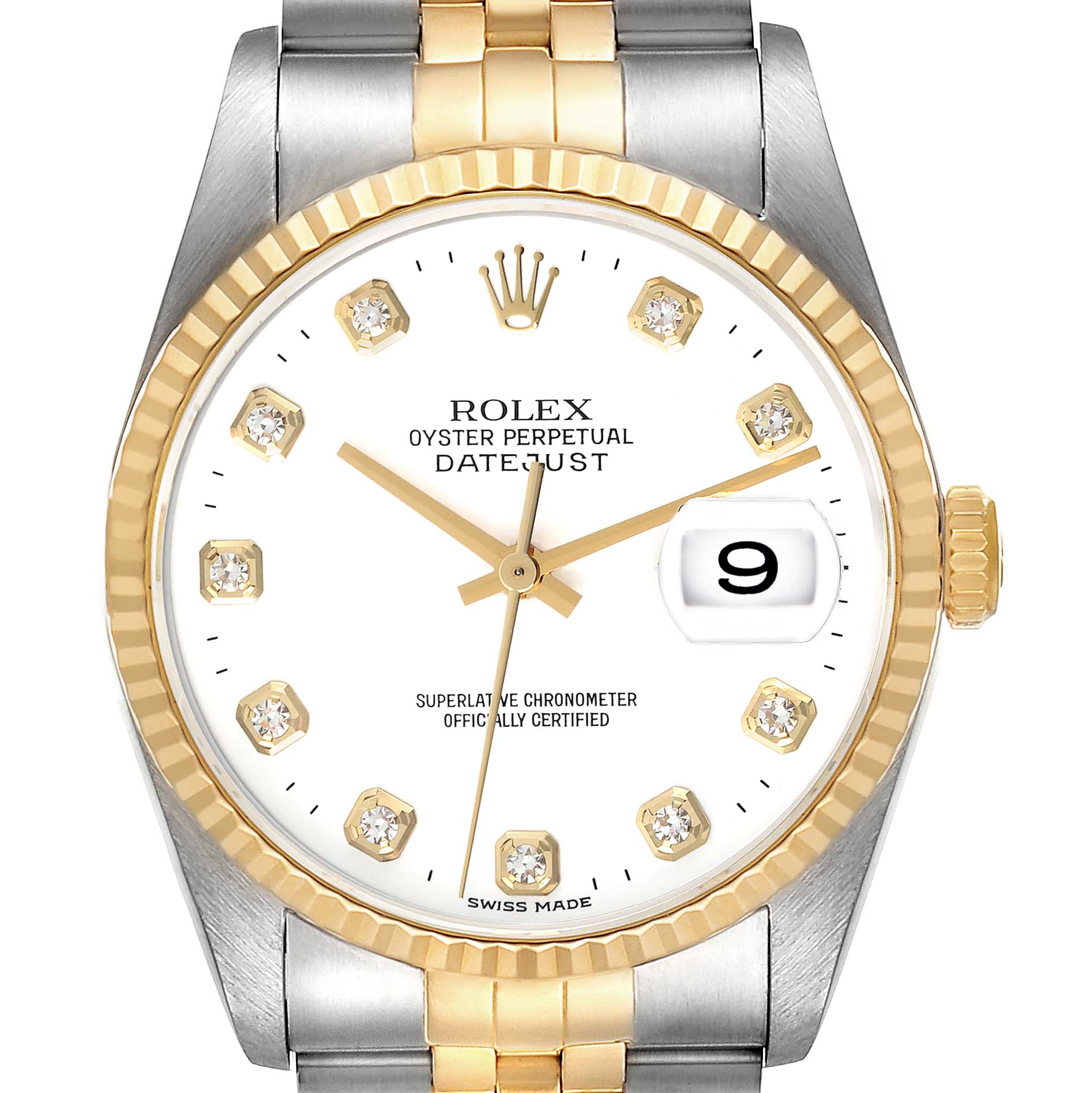 The Rolex Datejust 16233 Men's Steel and Gold (two tone) White Dial 16233 Men's Steel and Gold (two tone) White Dial watch is shown from a front angle, displaying the face, bezel, and part of the bracelet.