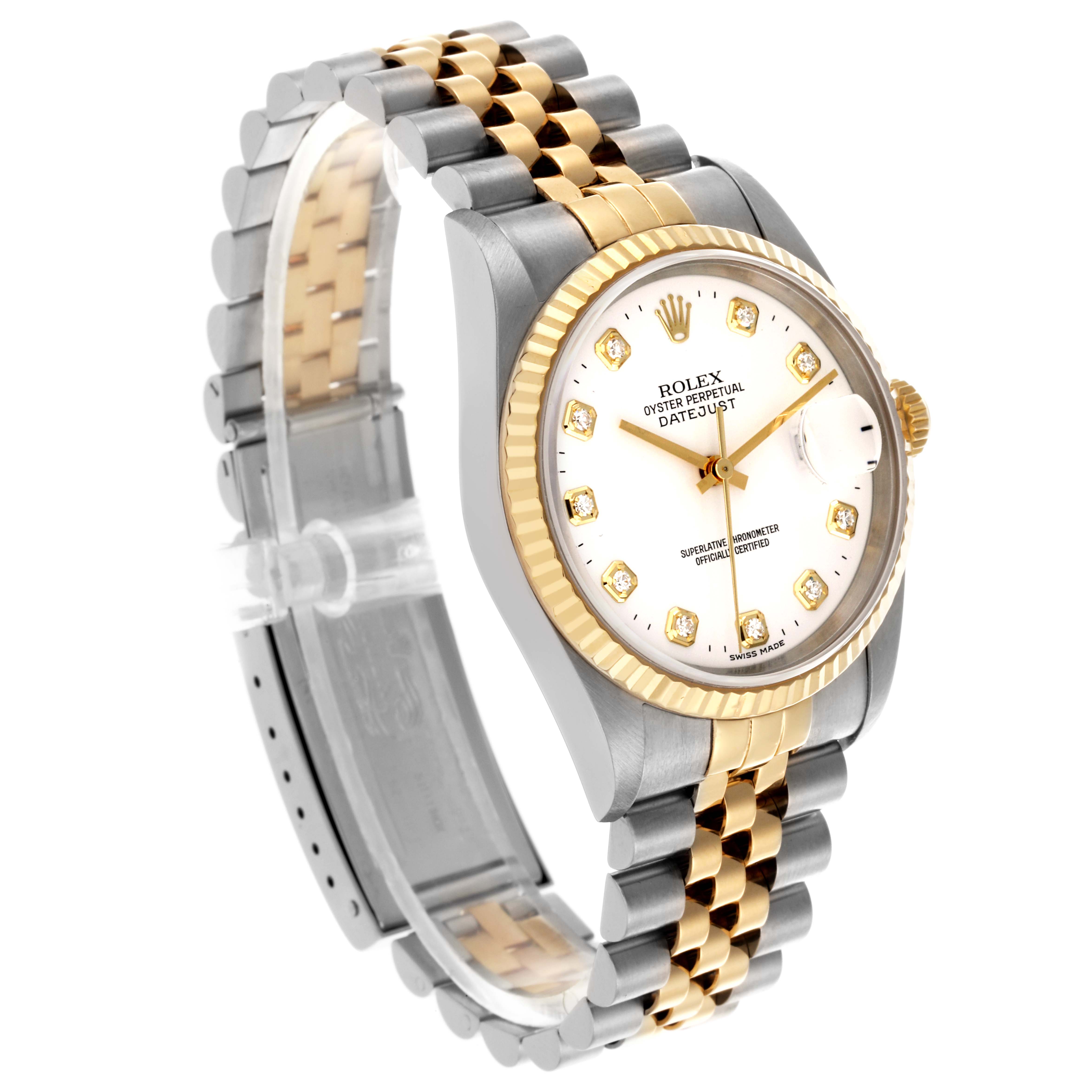 The Rolex Datejust 16233 Men's Steel and Gold (two tone) White Dial 16233 Men's Steel and Gold (two tone) White Dial is shown at a side angle, displaying the face, bezel, and two-tone bracelet.