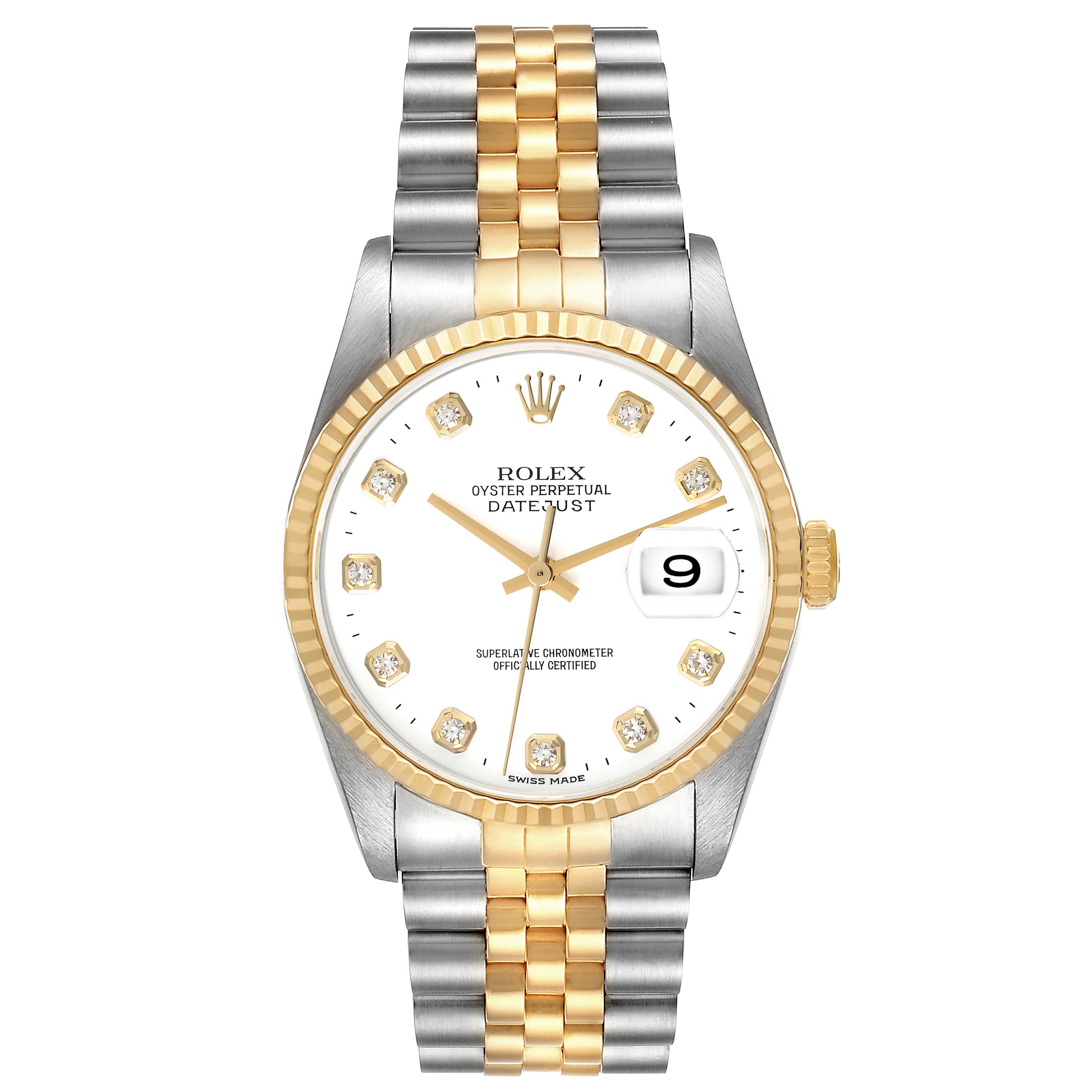 The Rolex Datejust 16233 Men's Steel and Gold (two tone) White Dial 16233 Men's Steel and Gold (two tone) White Dial watch is shown from a top-down angle, displaying the face, bezel, crown, and bracelet.