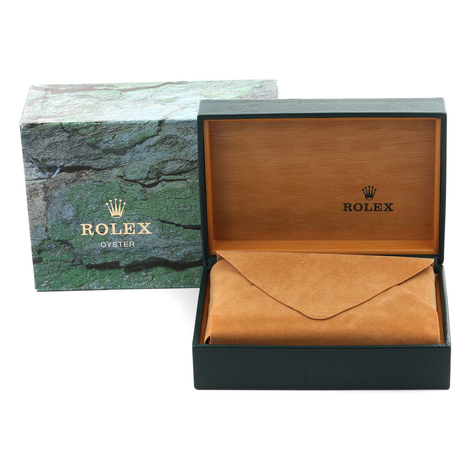 The image shows a Rolex Datejust 16233 Men's Steel and Gold (two tone) White Dial 16233 Men's Steel and Gold (two tone) White Dial box and packaging, with an open green case and a closed suede pouch inside.