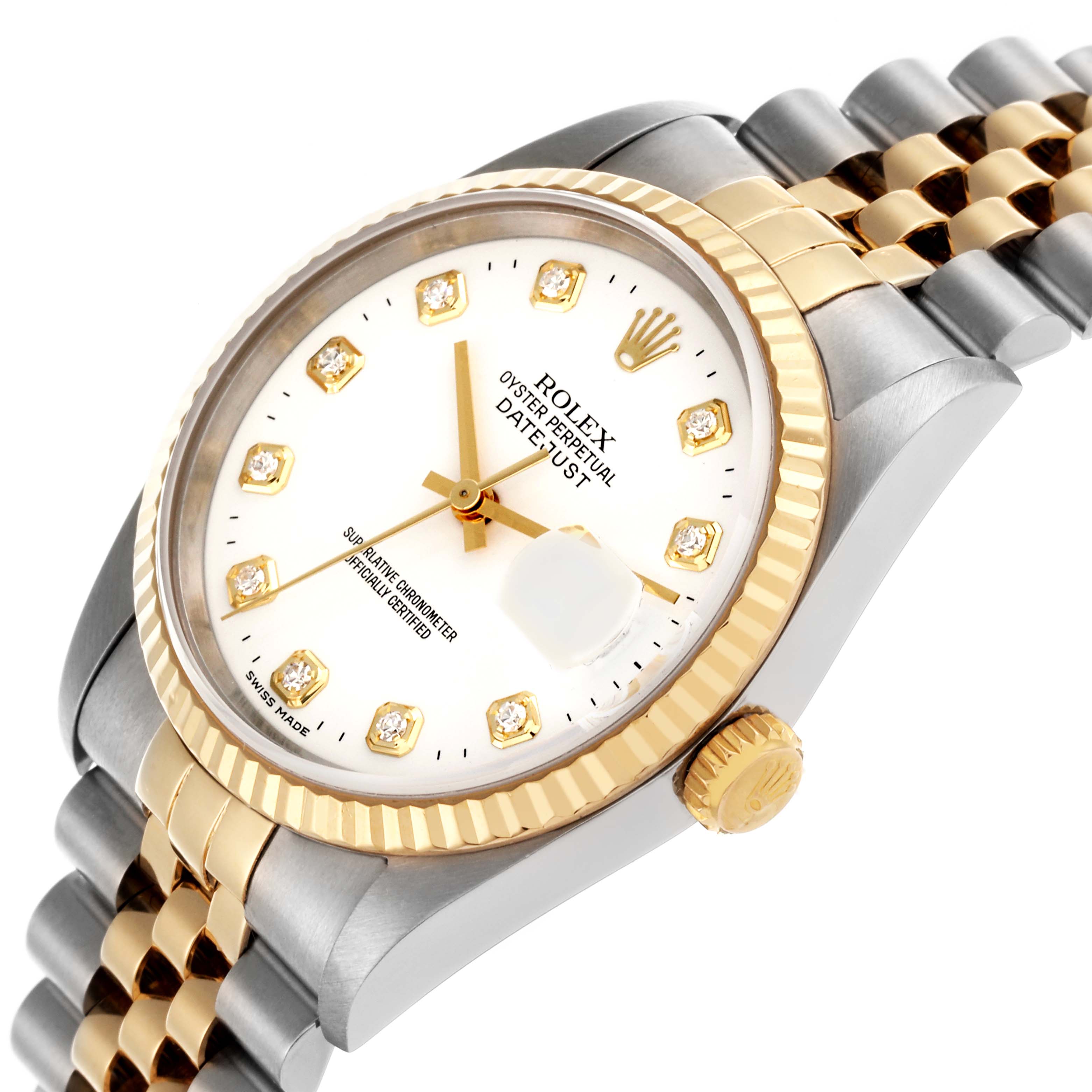The Rolex Datejust 16233 Men's Steel and Gold (two tone) White Dial 16233 Men's Steel and Gold (two tone) White Dial watch is shown at a slight side angle, displaying the face, bezel, crown, and bracelet.