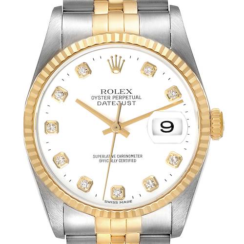 The Rolex Datejust watch is shown from a front angle, displaying the dial, bezel, crown, and part of the bracelet.