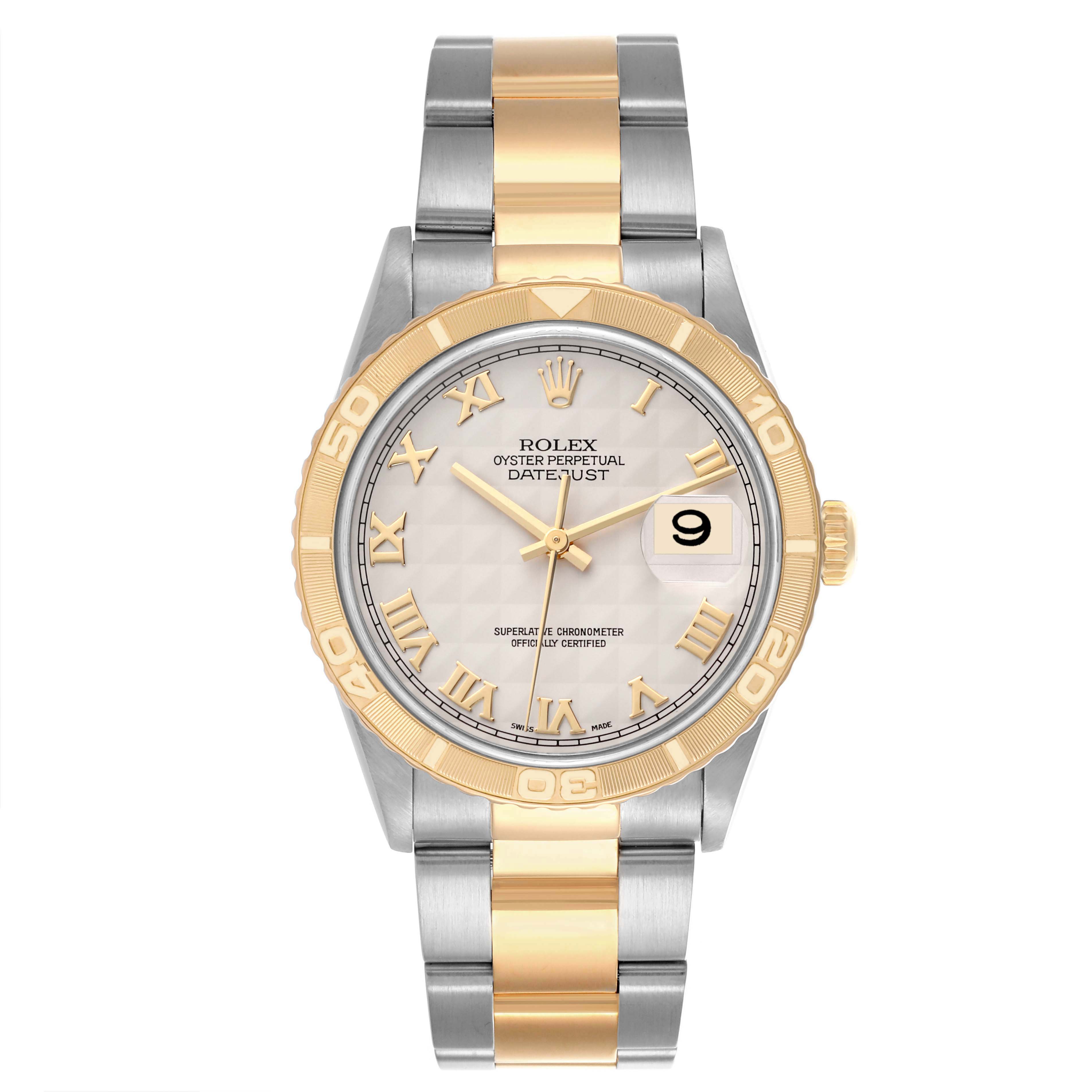 The Rolex Turn-o-Graph 16263 Men's Steel and Gold (two tone) White Dial 16263 Men's Steel and Gold (two tone) White Dial watch is shown from the front, displaying the face, bezel, and two-tone bracelet.
