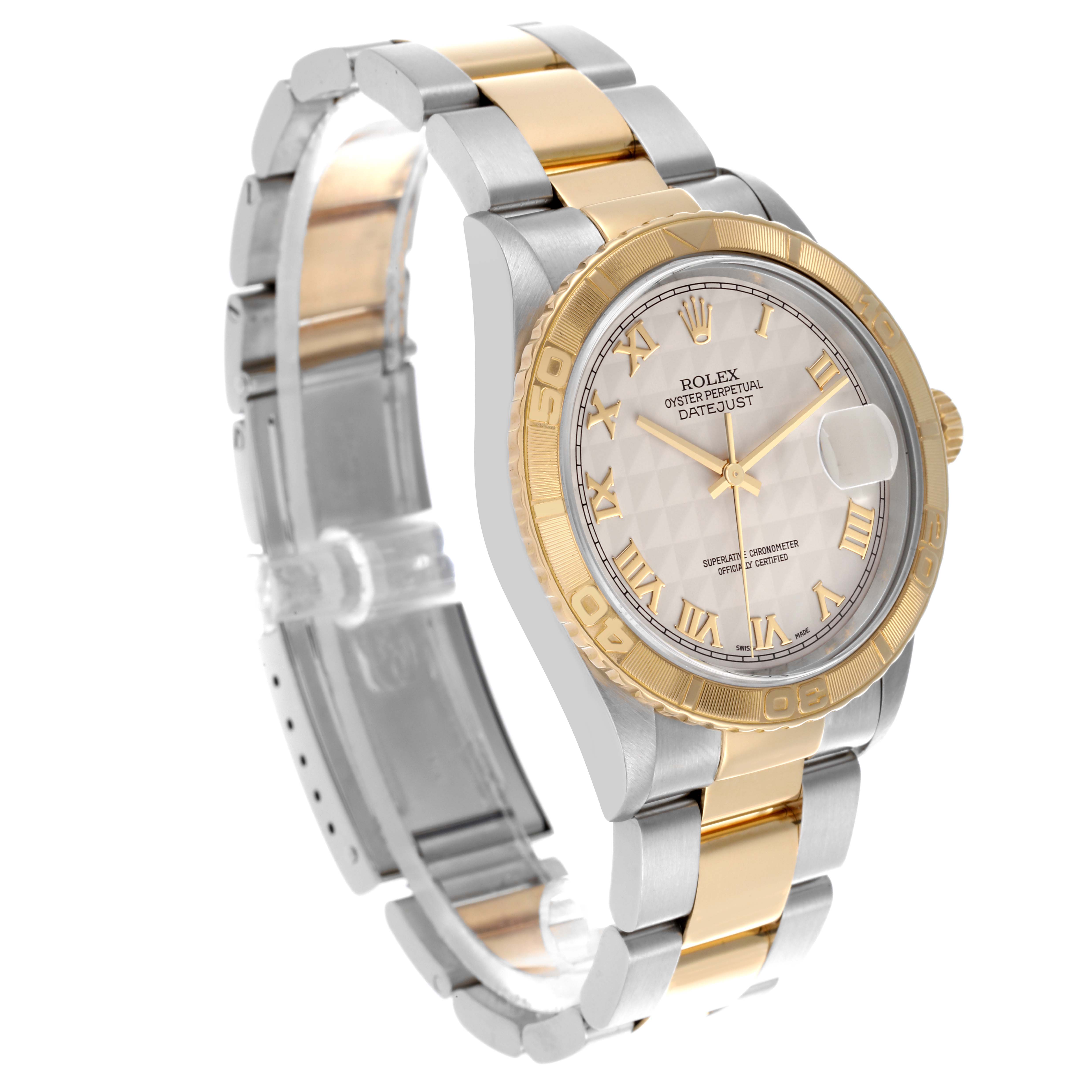 The Rolex Turn-o-Graph 16263 Men's Steel and Gold (two tone) White Dial 16263 Men's Steel and Gold (two tone) White Dial is shown at a three-quarter angle, highlighting the bezel, face, and bracelet.