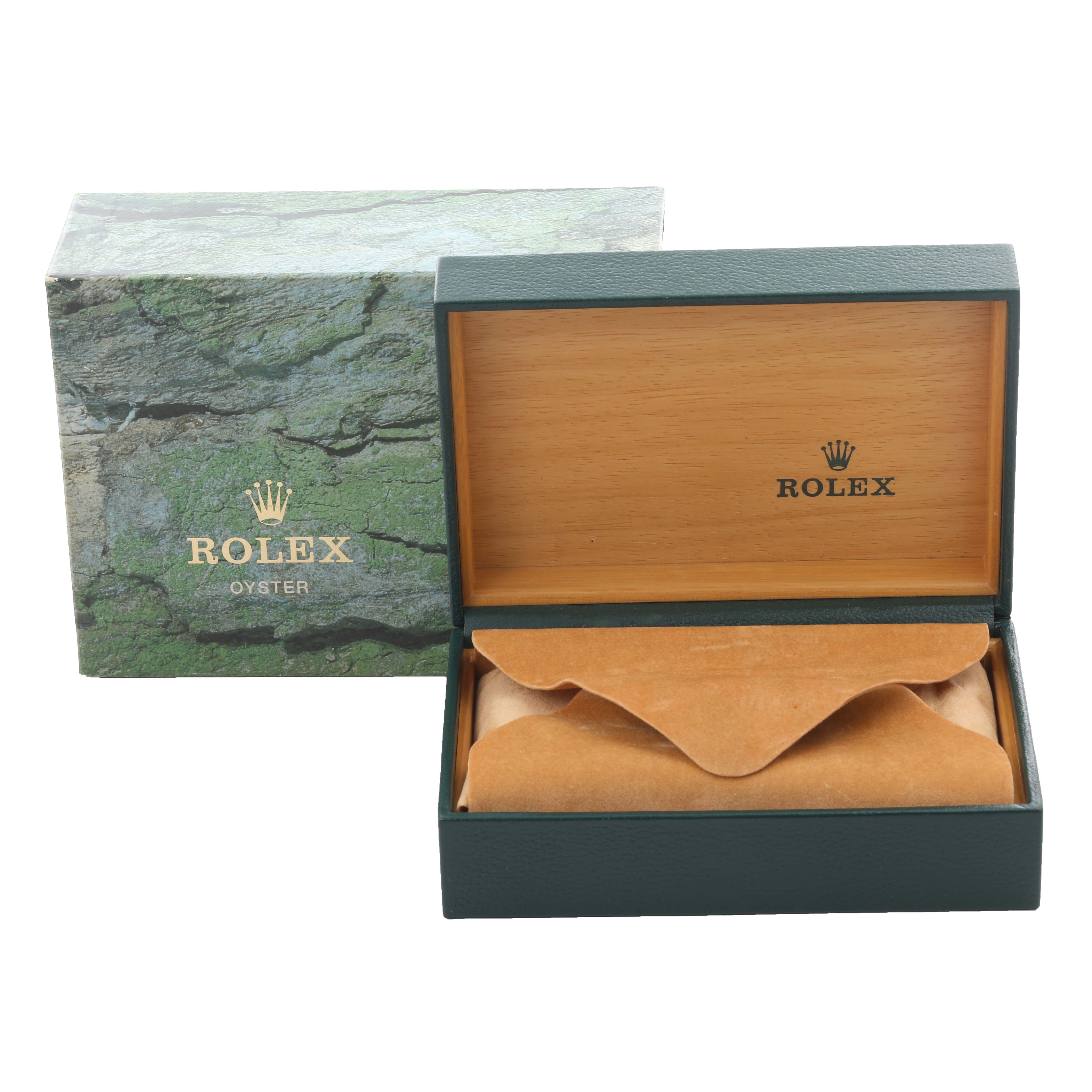 The image shows the packaging of a Rolex Turn-o-Graph 16263 Men's Steel and Gold (two tone) White Dial 16263 Men's Steel and Gold (two tone) White Dial watch, including a closed box and an open box with a suede pouch inside.