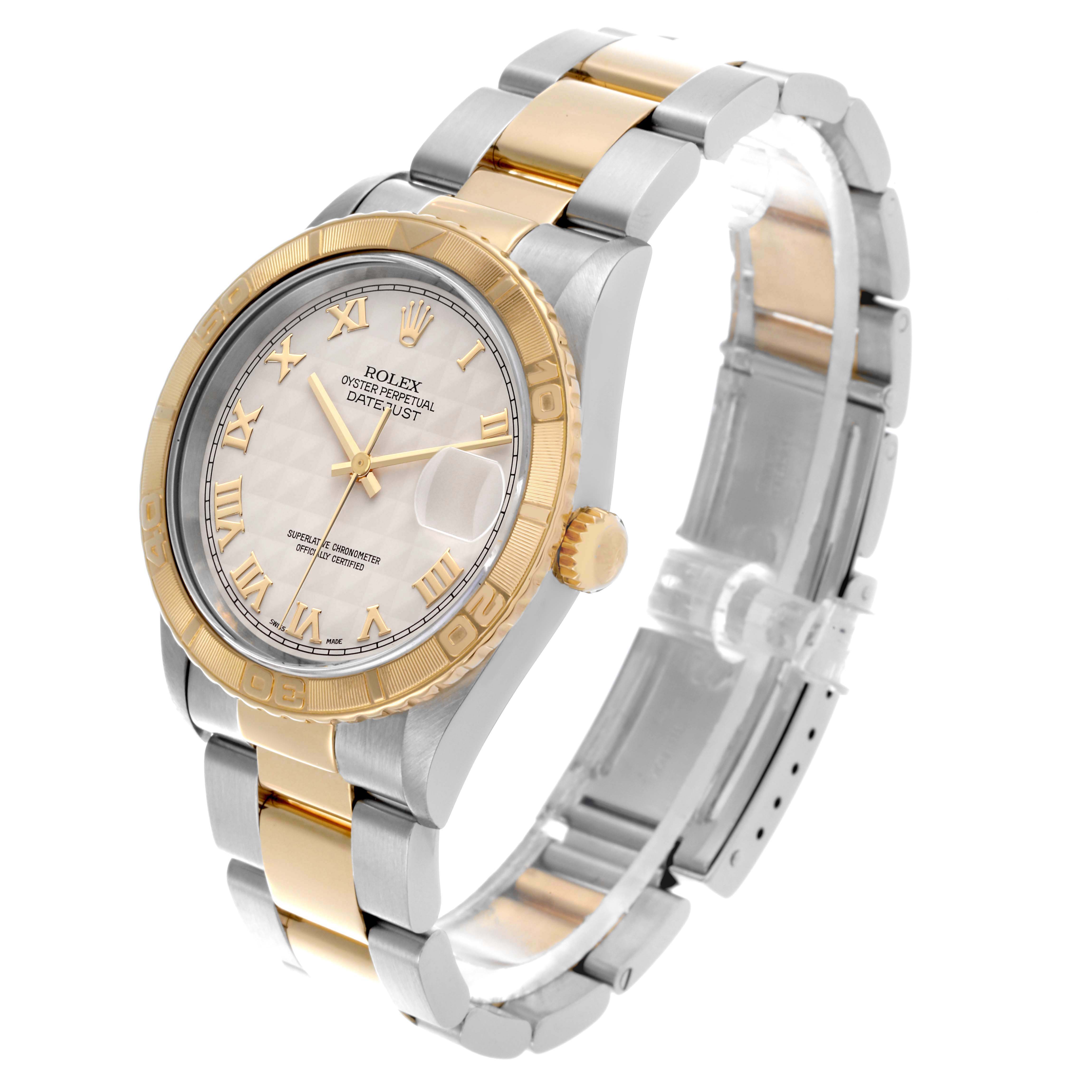 The Rolex Turn-o-Graph 16263 Men's Steel and Gold (two tone) White Dial 16263 Men's Steel and Gold (two tone) White Dial watch is shown at an angled side view, highlighting the bezel, dial, and two-tone bracelet.